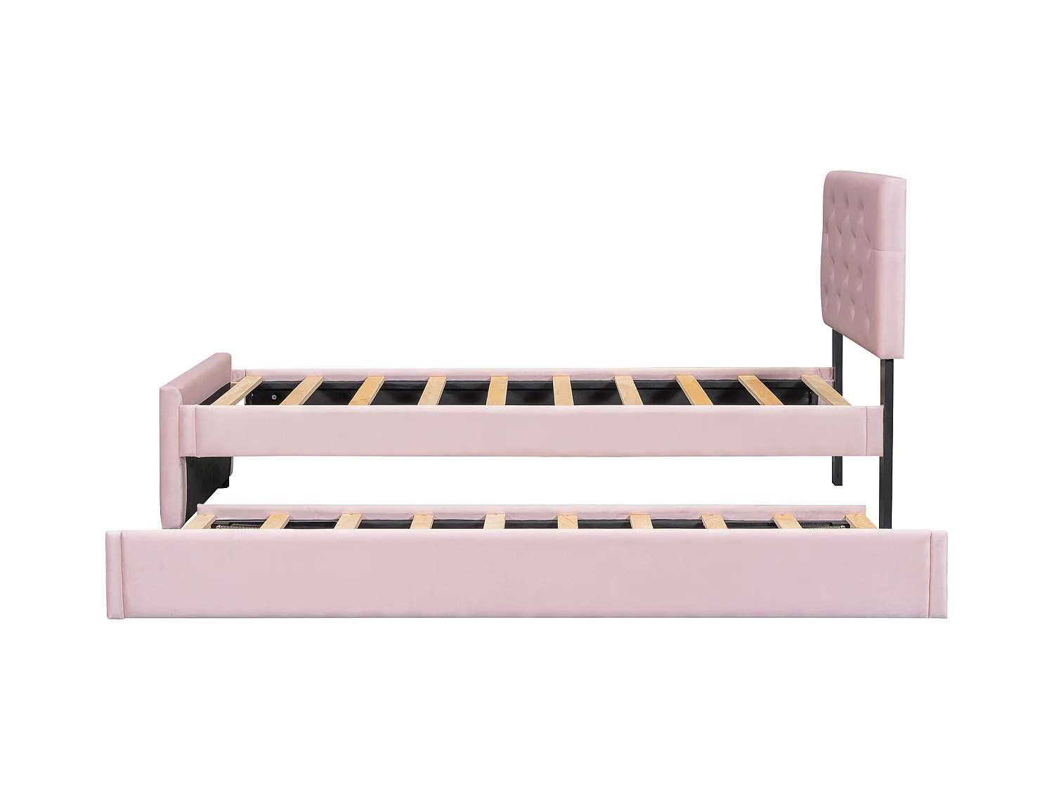 Lit gigogne 90 x 200 cm - Lit enfant avec lit gigogne et sommier à lattes - velours rose - sans matelas