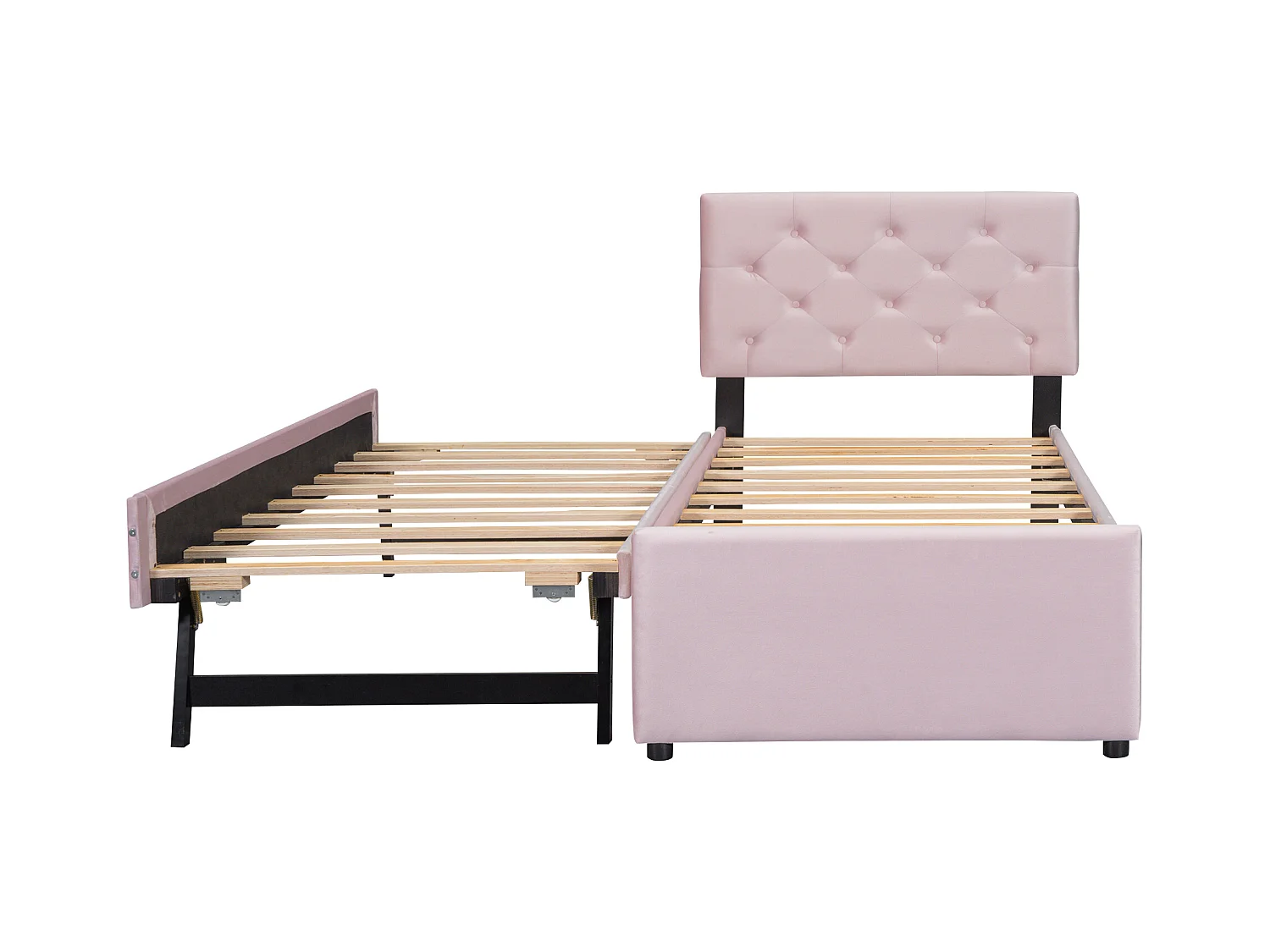 Lit gigogne 90 x 200 cm - Lit enfant avec lit gigogne et sommier à lattes - velours rose - sans matelas
