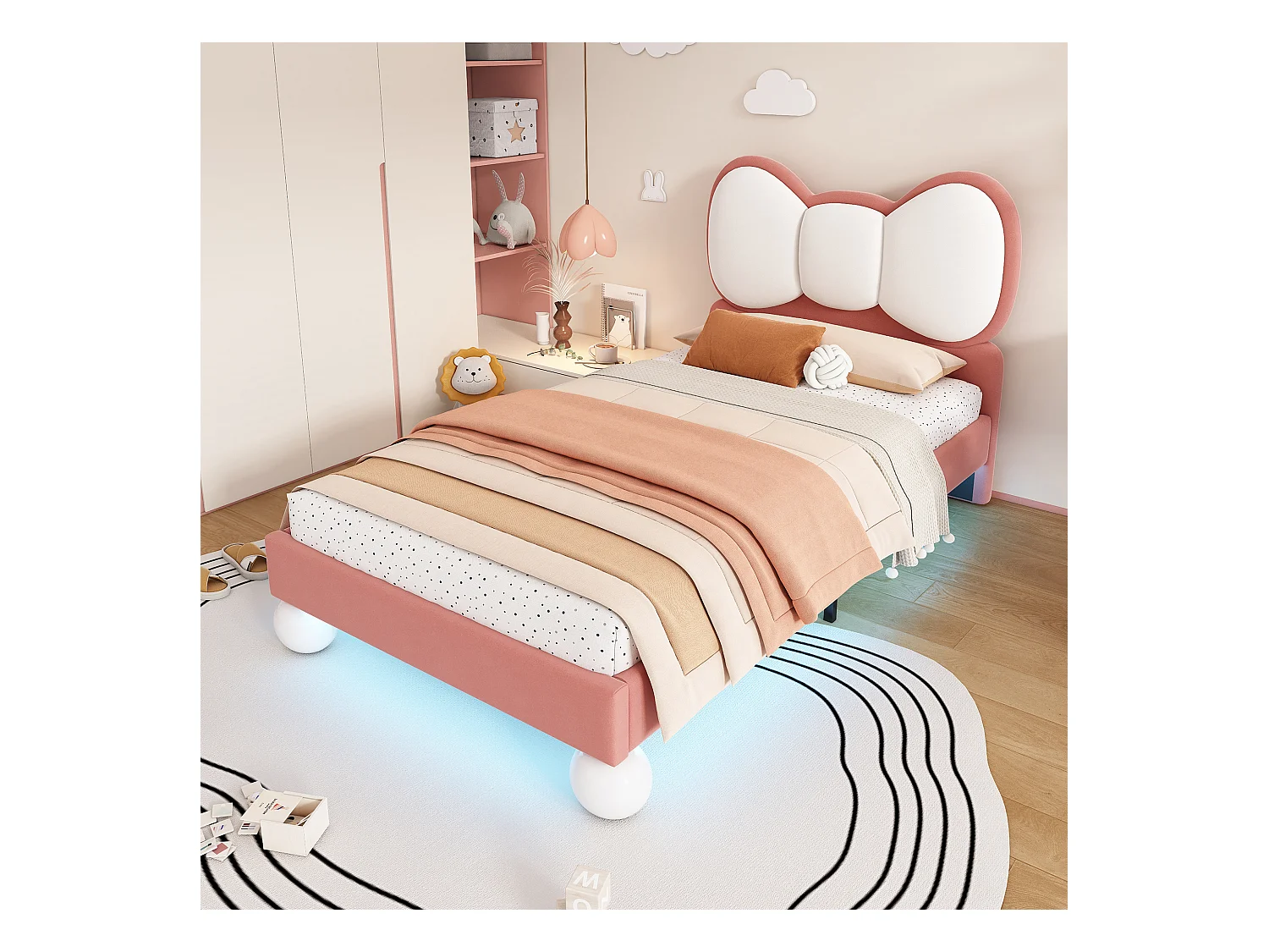 Lit enfant 90 x 200 cm - Lit simple avec LED et tête de lit bombée - velours rose - sans matelas