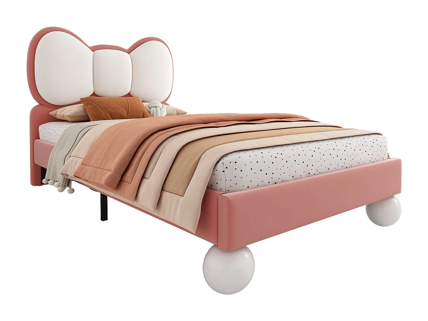 Lit enfant 90 x 200 cm - Lit simple avec LED et tête de lit bombée - velours rose - sans matelas