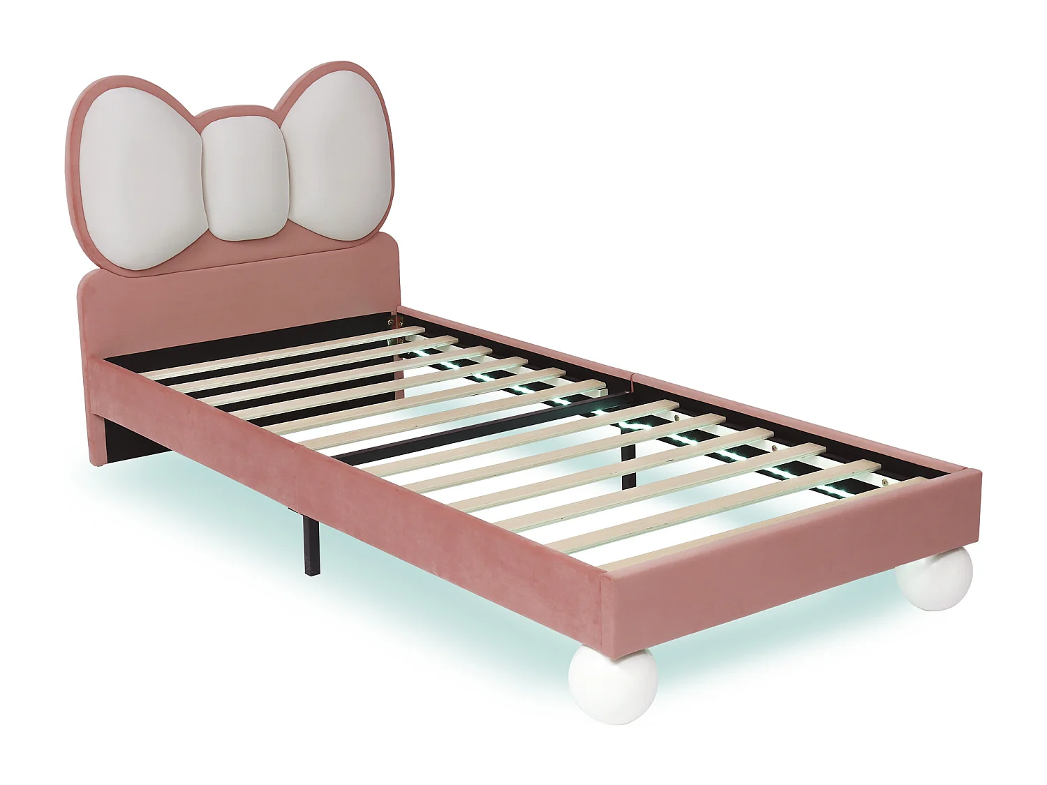 Lit enfant 90 x 200 cm - Lit simple avec LED et tête de lit bombée - velours rose - sans matelas
