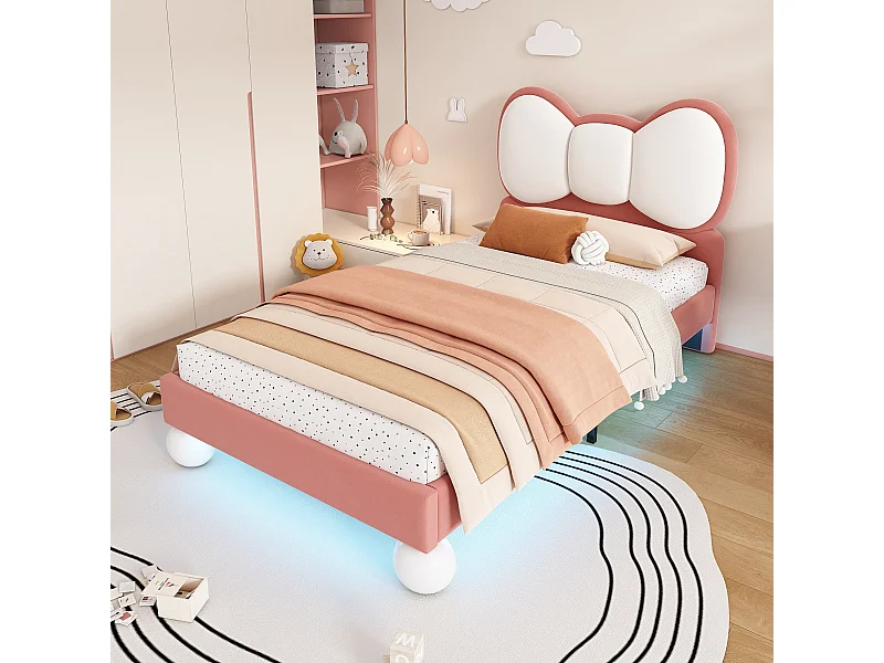 Lit enfant 90 x 200 cm - Lit simple avec LED et tête de lit bombée - velours rose - sans matelas