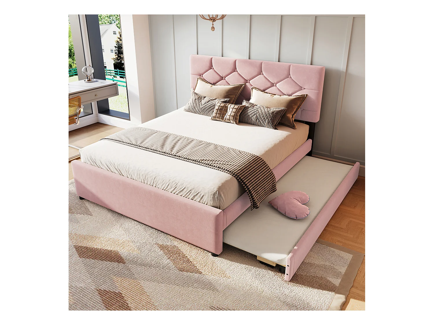 Lit gigogne 140 x 200 cm - Lit enfant avec lit gigogne et sommier à lattes - velours rose - sans matelas