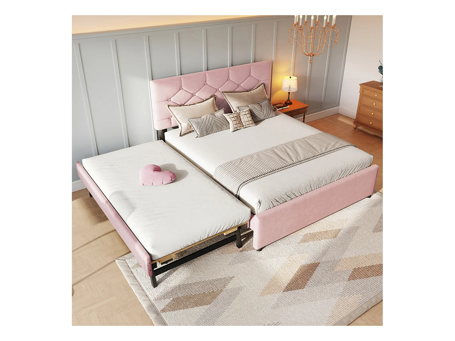 Lit gigogne 140 x 200 cm - Lit enfant avec lit gigogne et sommier à lattes - velours rose - sans matelas