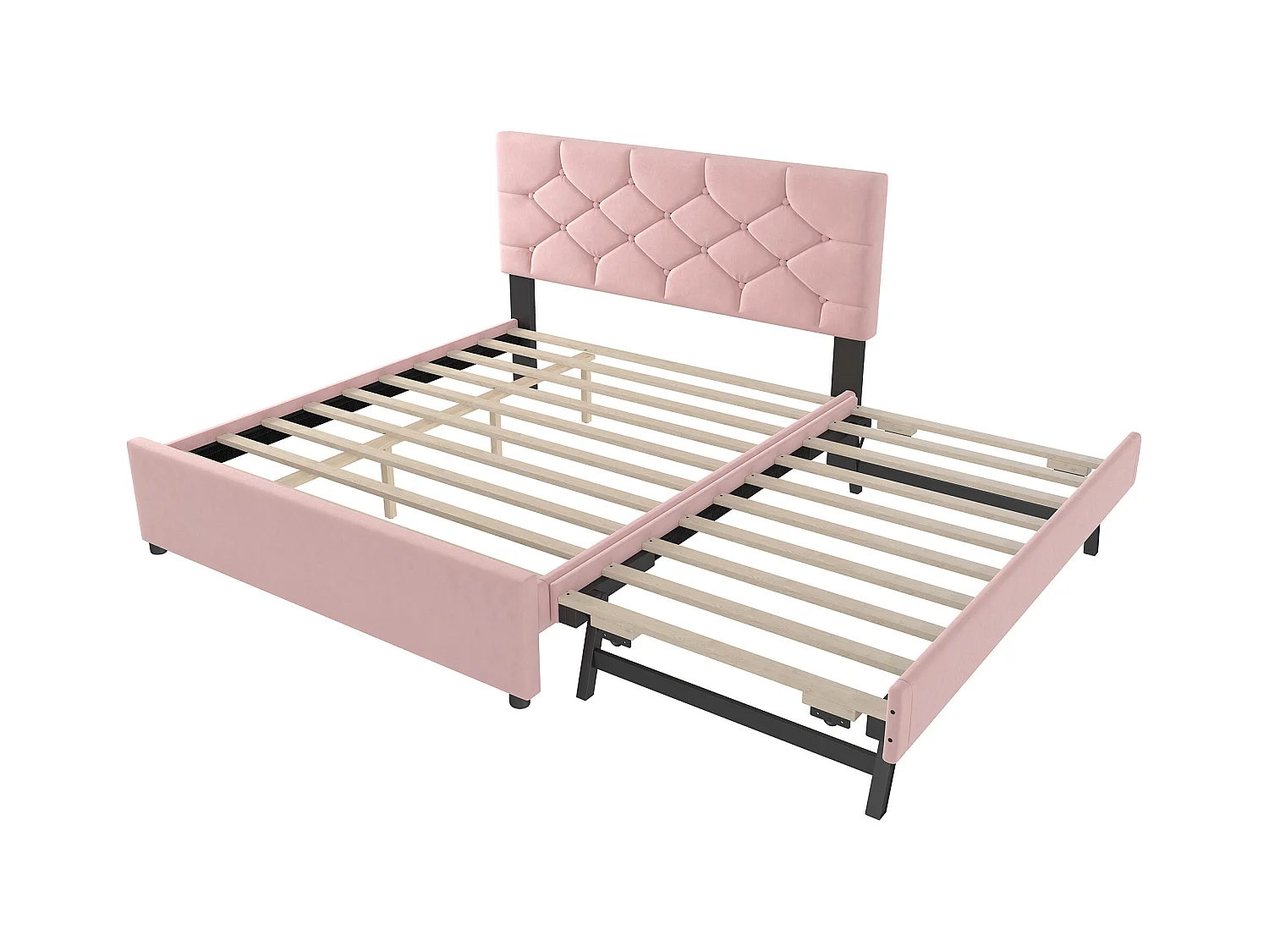 Lit gigogne 140 x 200 cm - Lit enfant avec lit gigogne et sommier à lattes - velours rose - sans matelas