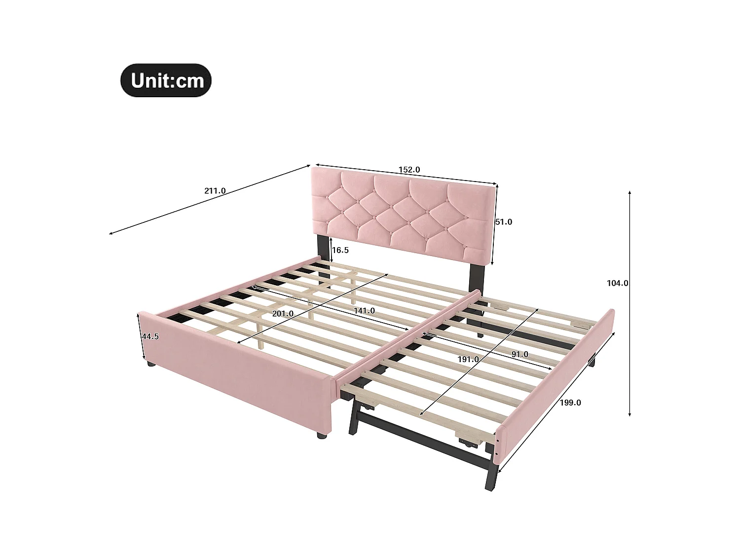 Lit gigogne 140 x 200 cm - Lit enfant avec lit gigogne et sommier à lattes - velours rose - sans matelas