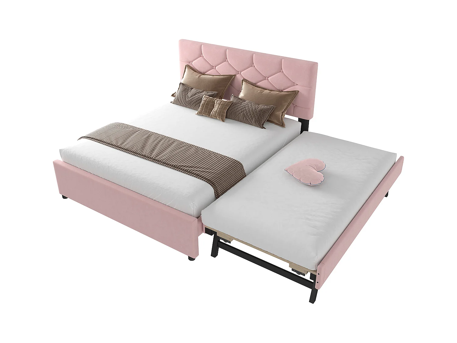 Lit gigogne 140 x 200 cm - Lit enfant avec lit gigogne et sommier à lattes - velours rose - sans matelas