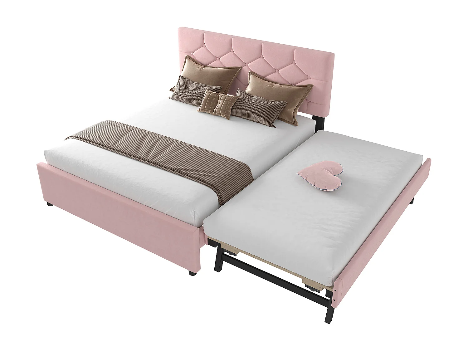 Lit gigogne 140 x 200 cm - Lit enfant avec lit gigogne et sommier à lattes - velours rose - sans matelas