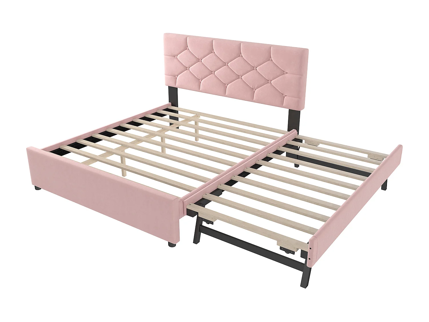 Lit gigogne 140 x 200 cm - Lit enfant avec lit gigogne et sommier à lattes - velours rose - sans matelas