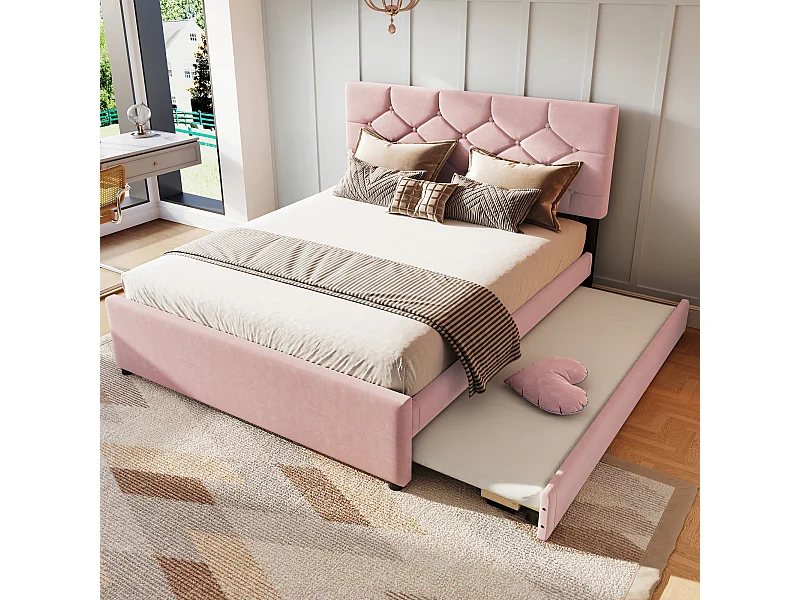 Ausziehbett 140 x 200 cm - Kinderbett mit Ausziehbett und Lattenrost - Samt rosa - ohne Matratze