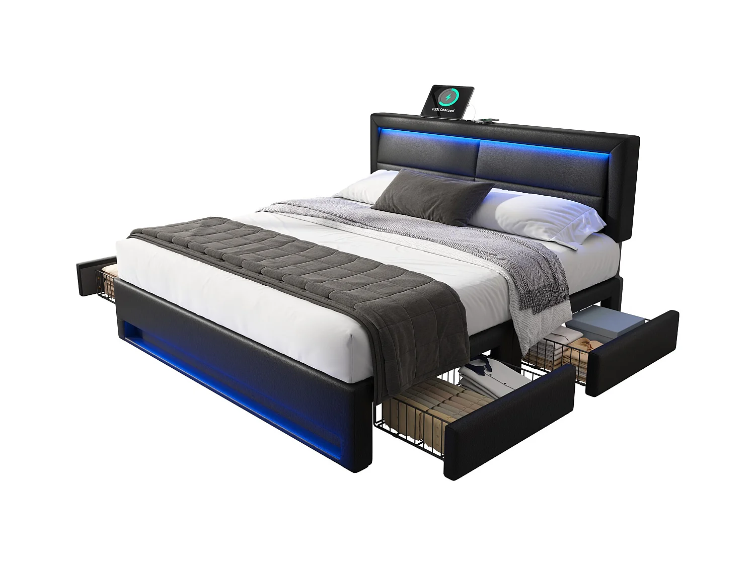 Lit adulte 140 x 200 cm - Lit double avec éclairage LED et quatre tiroirs - PU noir - sans matelas