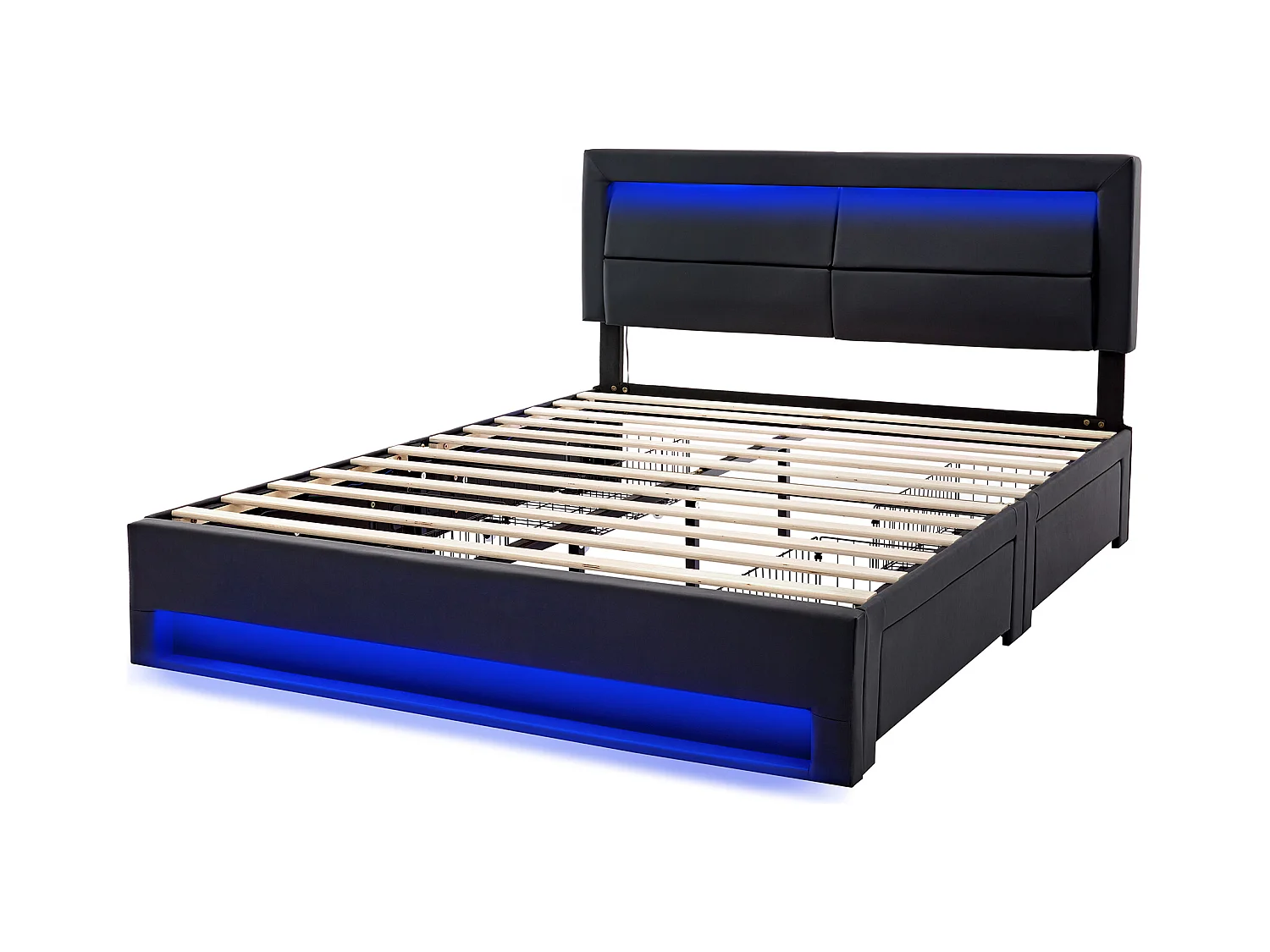 Lit adulte 140 x 200 cm - Lit double avec éclairage LED et quatre tiroirs - PU noir - sans matelas
