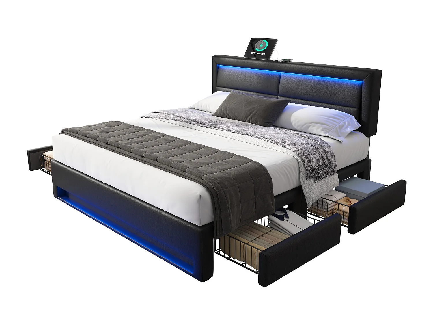 Cama de adulto 140 x 200 cm - Cama de casal com iluminação LED e quatro gavetas - PU preto - sem colchão