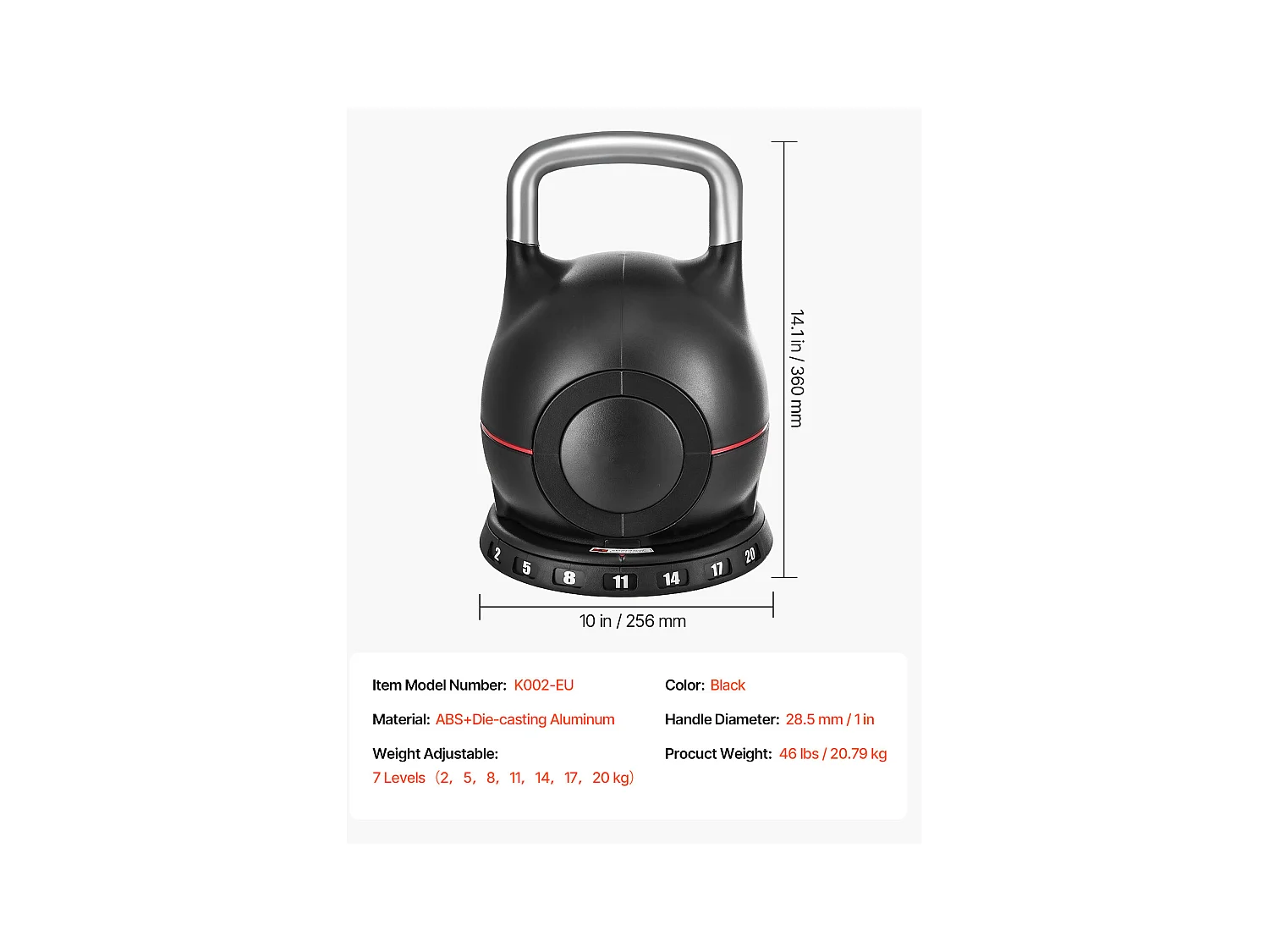 Kettlebell Réglable SucceBuy, avec 7 Niveaux de Poids, Poids de Musculation avec Poignée en Aluminium Moulé sous Pression et Matériau ABS
