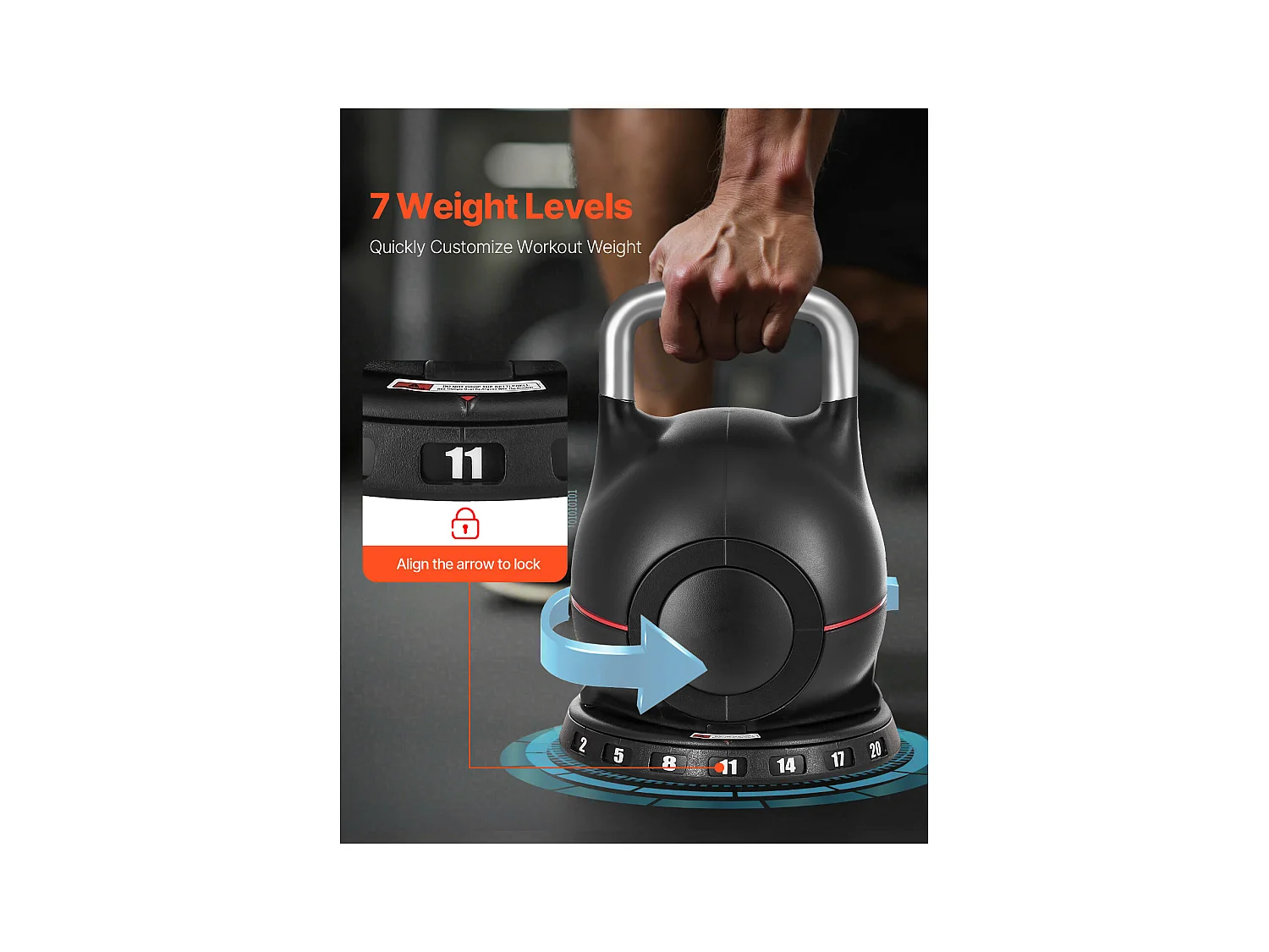 Verstellbare Kettlebell SucceBuy, mit 7 Gewichtsstufen, Krafttrainingsgewicht mit Griff aus Aluminiumdruckguss und ABS-Material