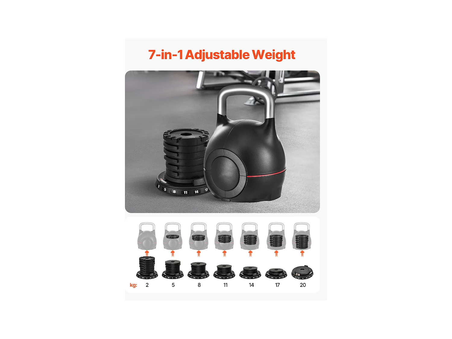 Verstellbare Kettlebell SucceBuy, mit 7 Gewichtsstufen, Krafttrainingsgewicht mit Griff aus Aluminiumdruckguss und ABS-Material