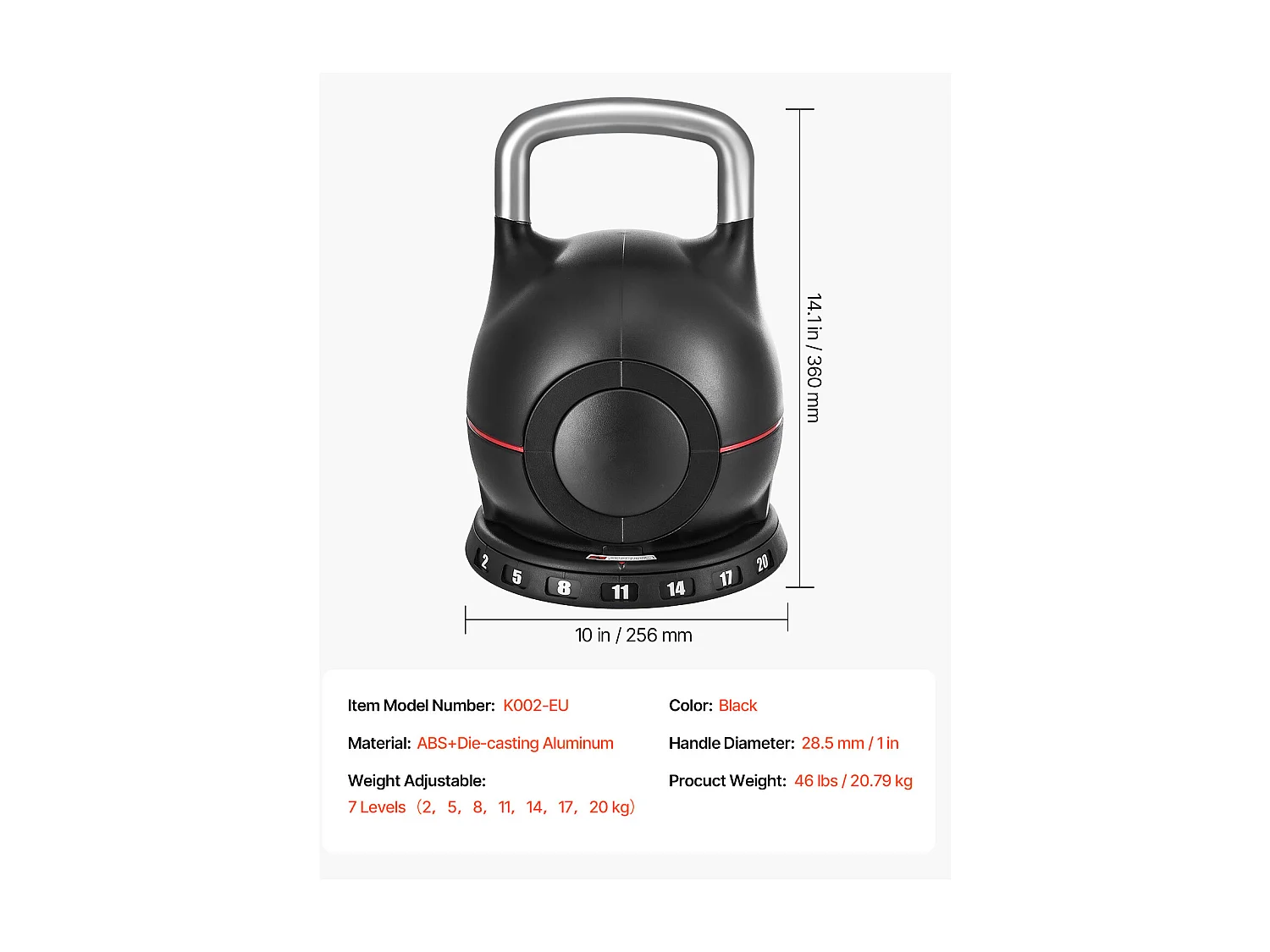 Regulowany Kettlebell SucceBuy, z 7 Poziomami Obciążenia, Ciężarek do Ćwiczeń z Uchwytem z Odlewanego Aluminium i Materiału ABS