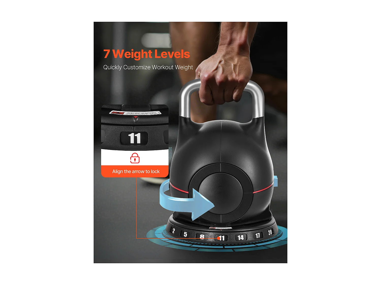 Regulowany Kettlebell SucceBuy, z 7 Poziomami Obciążenia, Ciężarek do Ćwiczeń z Uchwytem z Odlewanego Aluminium i Materiału ABS