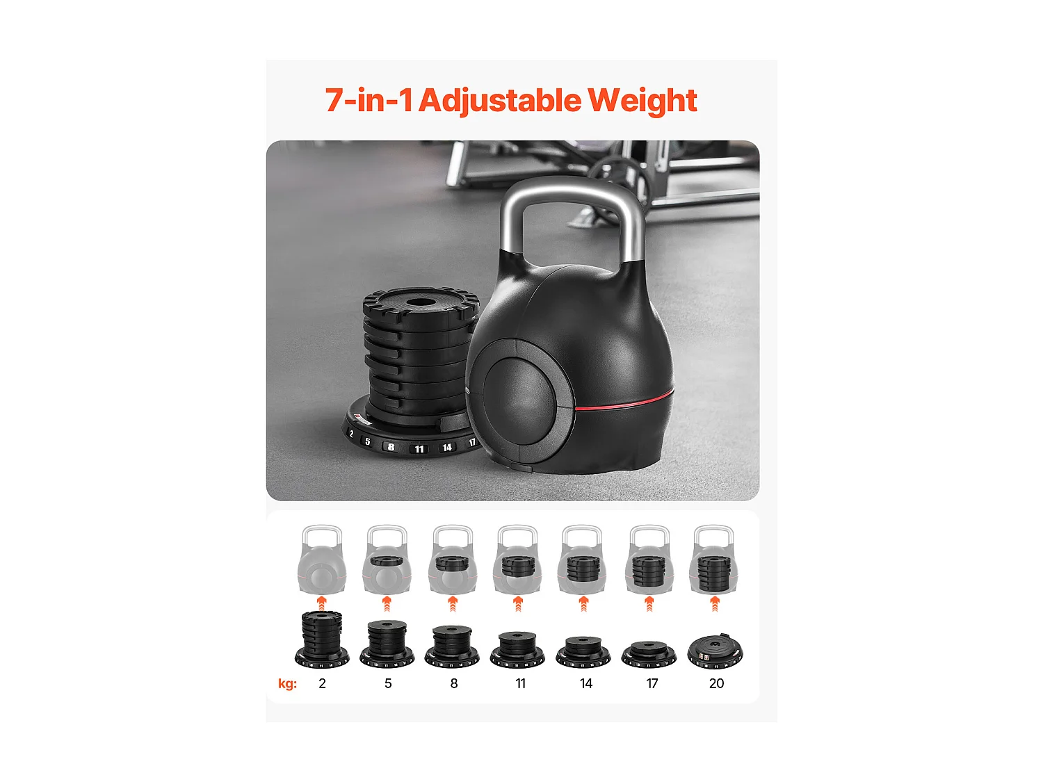 Regulowany Kettlebell SucceBuy, z 7 Poziomami Obciążenia, Ciężarek do Ćwiczeń z Uchwytem z Odlewanego Aluminium i Materiału ABS