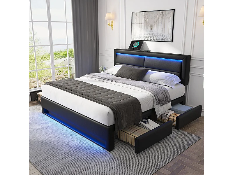 Erwachsenenbett 140 x 190 cm - Doppelbett mit LED-Beleuchtung und vier Schubladen - Schwarzes PU - ohne Matratze