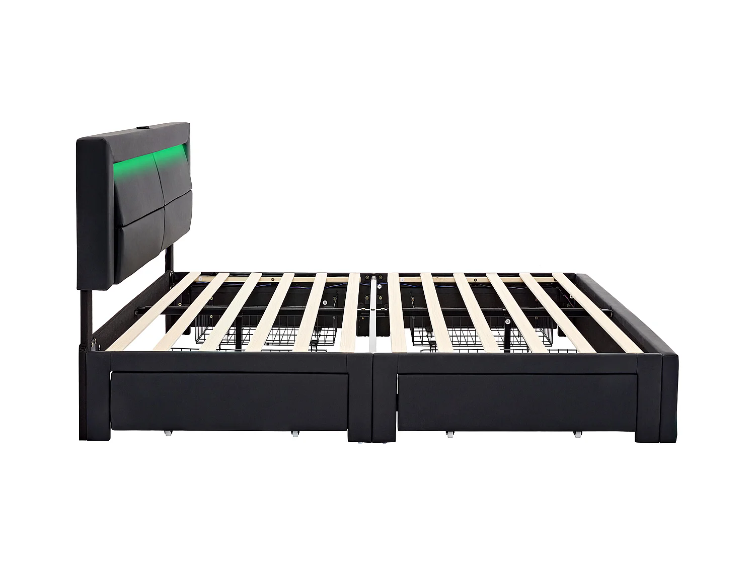 Lit adulte 140 x 190 cm - Lit double avec éclairage LED et quatre tiroirs - PU noir - sans matelas