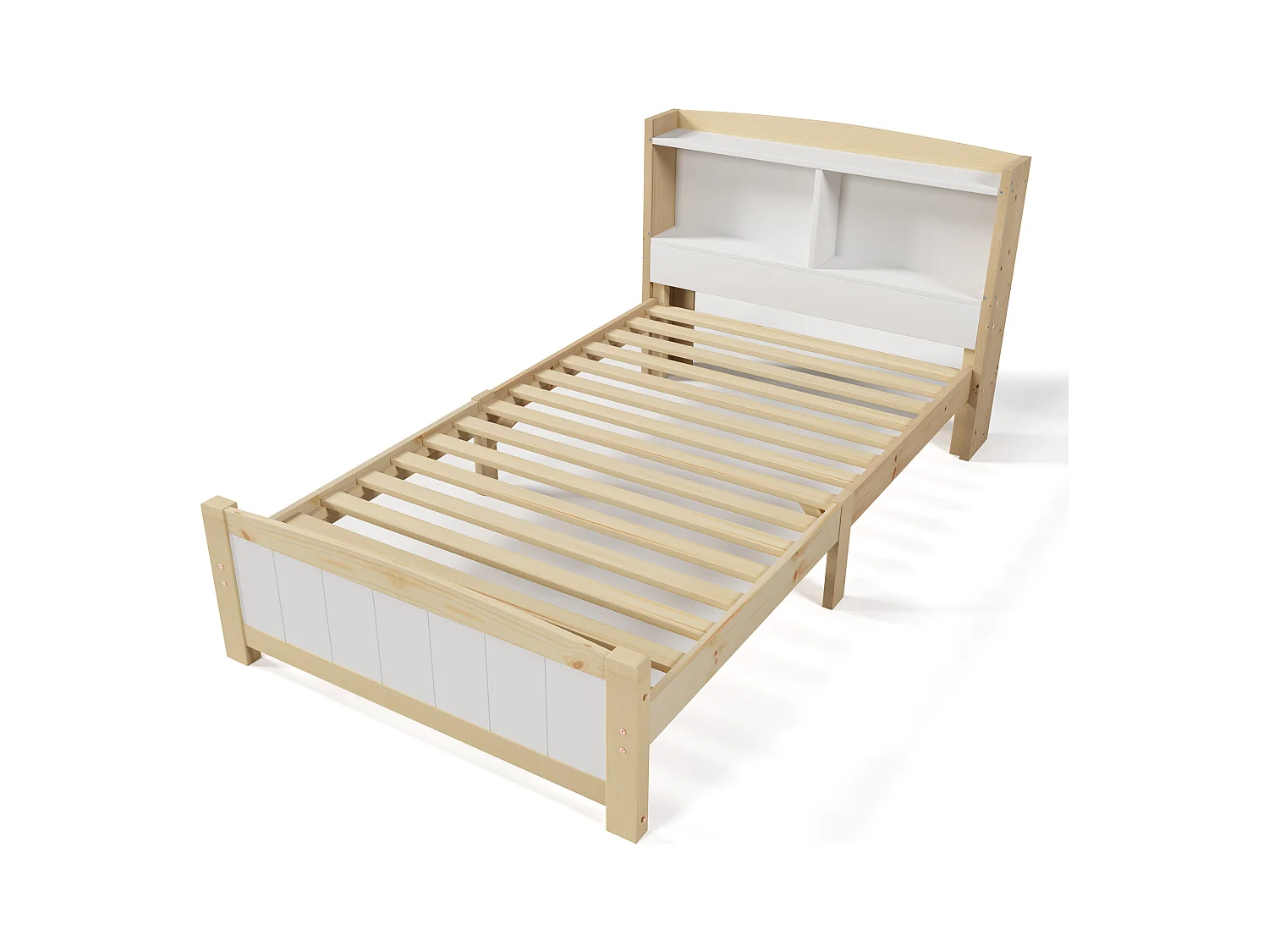 Łóżko dziecięce 90 x 200 cm – łóżko młodzieżowe z zagłówkiem i schowkiem pod łóżkiem – drewno i biel – bez materaca