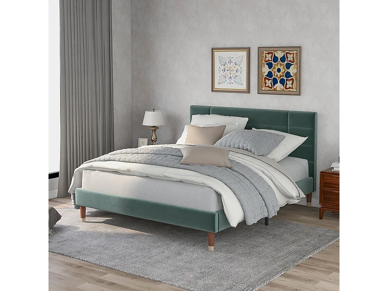 Lit adulte 140 x 200 cm - Lit double avec dossier rembourré - velours vert - sans matelas