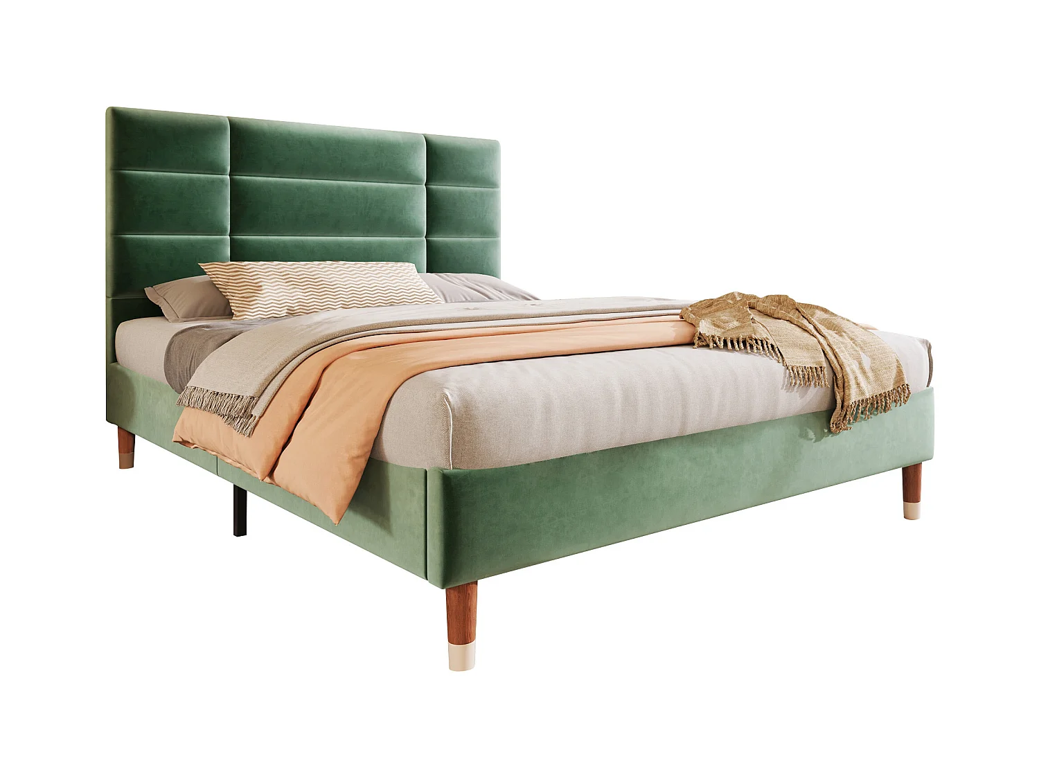 Lit adulte 140 x 200 cm - Lit double avec dossier rembourré - velours vert - sans matelas