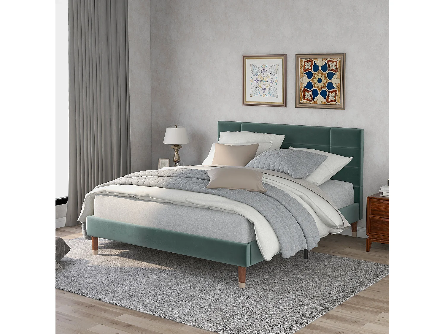 Lit adulte 140 x 200 cm - Lit double avec dossier rembourré - velours vert - sans matelas