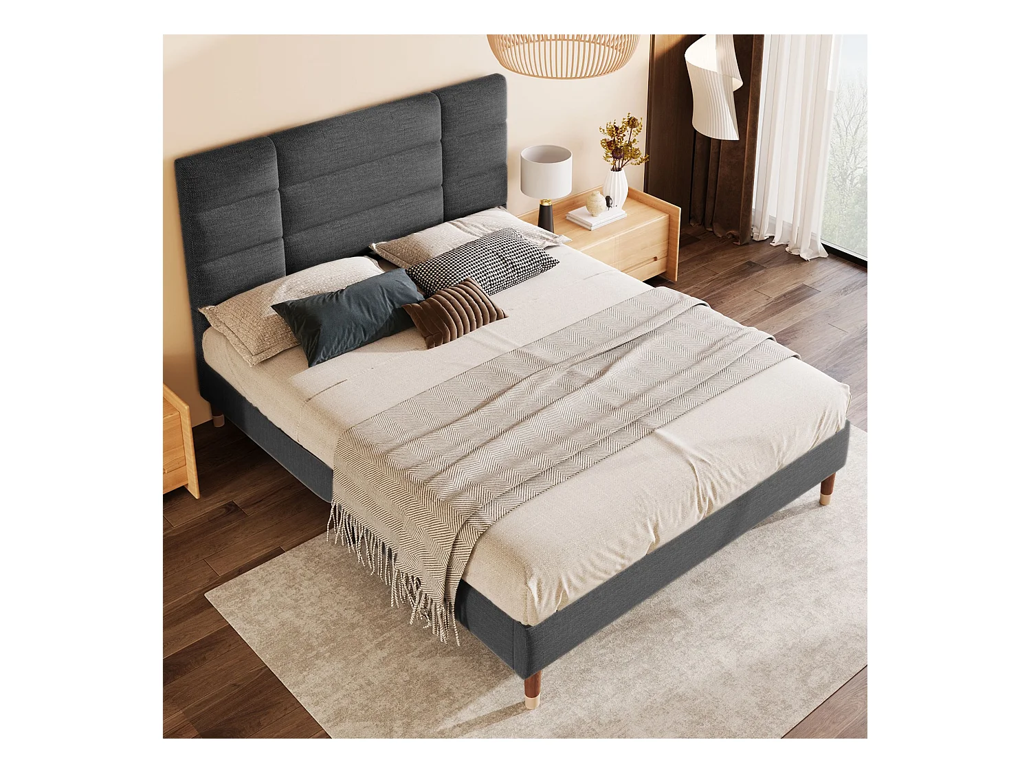 Lit adulte 140 x 200 cm - Lit double avec dossier rembourré - lin gris - sans matelas