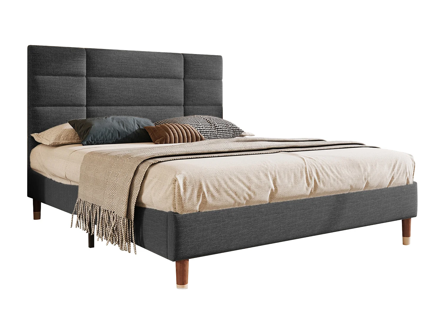 Lit adulte 140 x 200 cm - Lit double avec dossier rembourré - lin gris - sans matelas