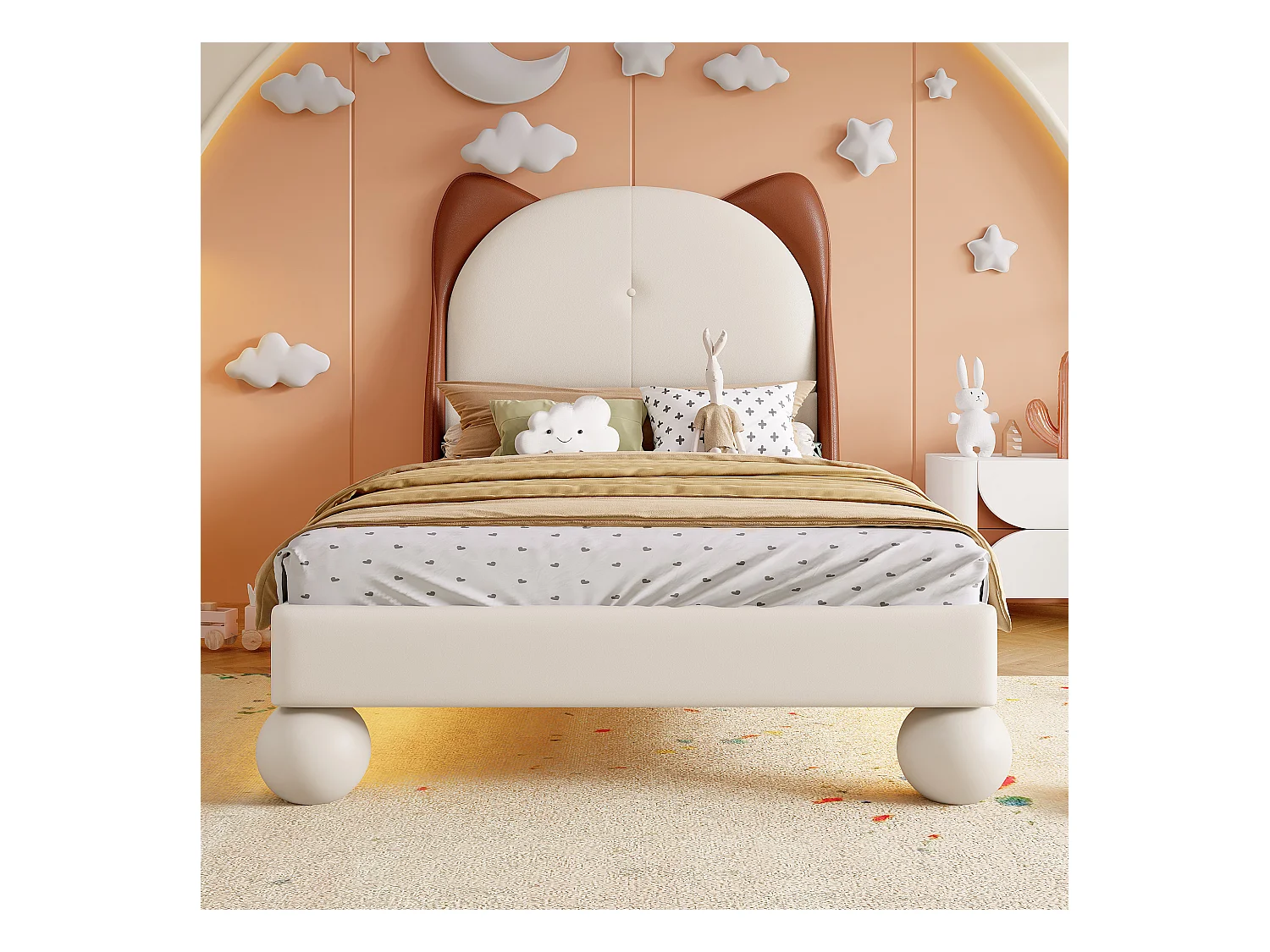 Lit enfant 90 x 200 cm - Lit simple avec LED et tête de lit en oreilles de chat - PU beige - sans matelas
