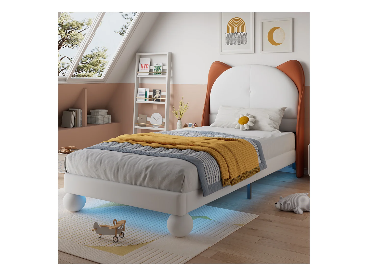 Lit enfant 90 x 200 cm - Lit simple avec LED et tête de lit en oreilles de chat - PU beige - sans matelas