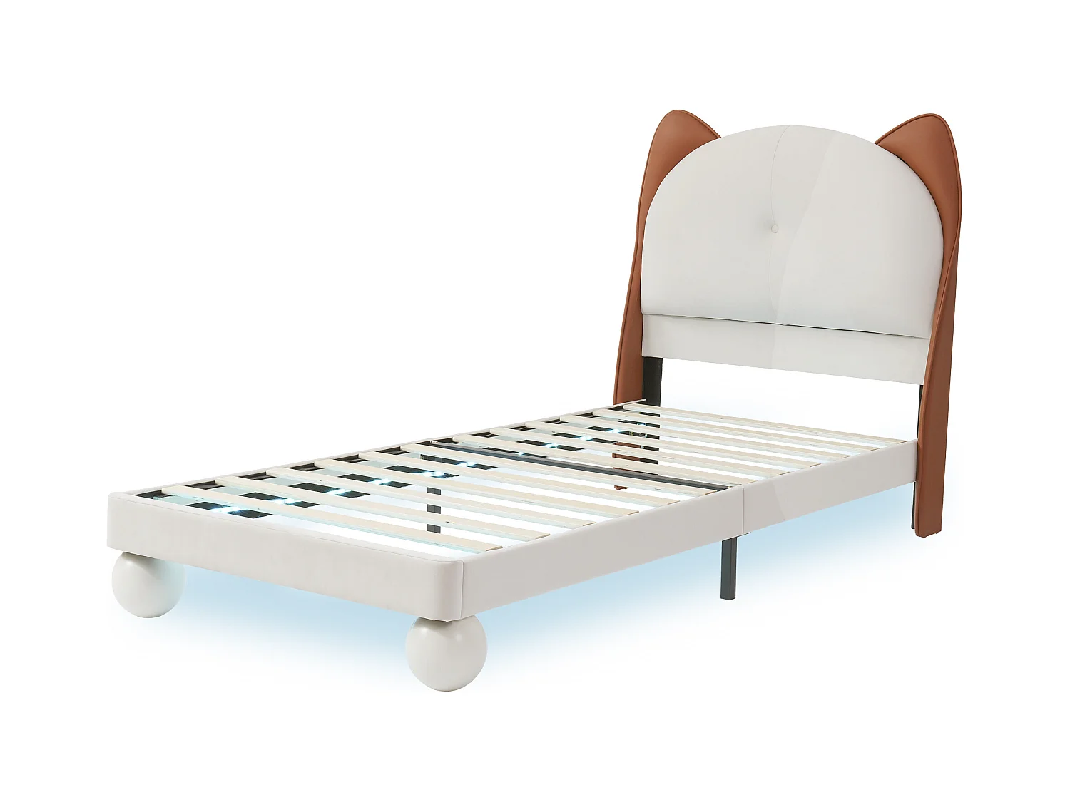 Lit enfant 90 x 200 cm - Lit simple avec LED et tête de lit en oreilles de chat - PU beige - sans matelas
