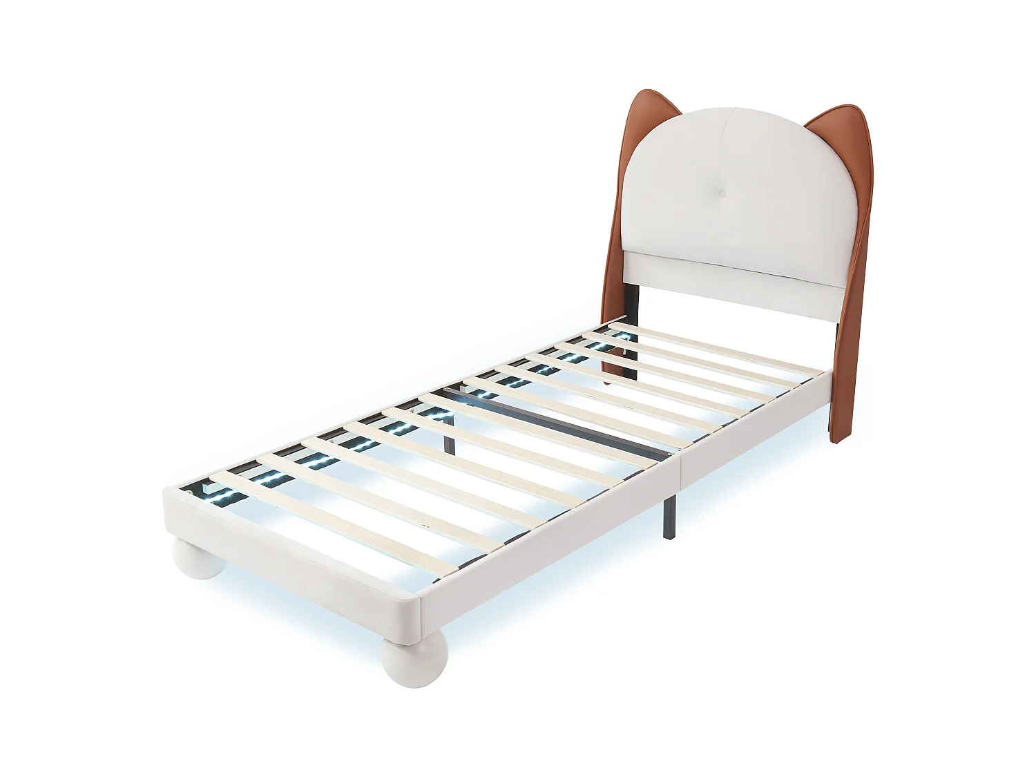 Lit enfant 90 x 200 cm - Lit simple avec LED et tête de lit en oreilles de chat - PU beige - sans matelas