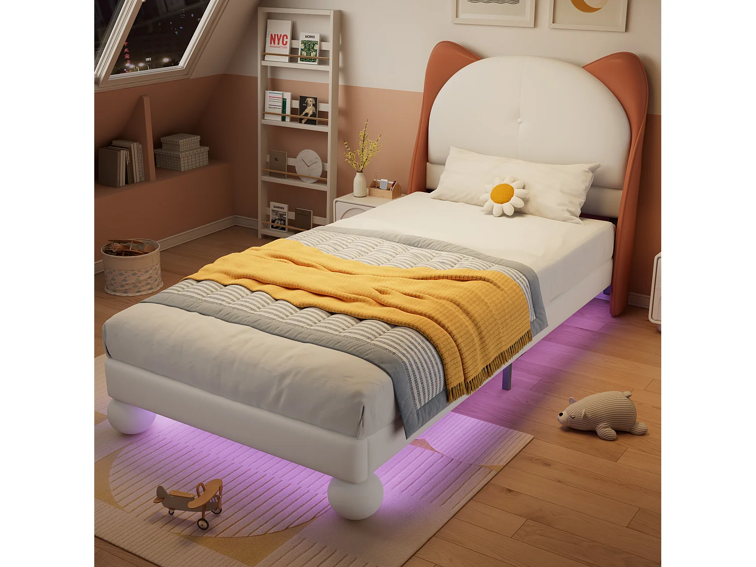 Letto per bambini 90 x 200 cm - Letto singolo con LED e testiera a orecchie di gatto - PU beige - senza materasso