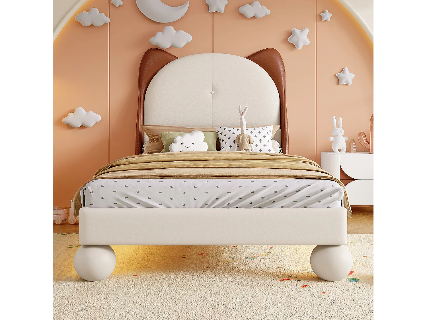 Letto per bambini 90 x 200 cm - Letto singolo con LED e testiera a orecchie di gatto - PU beige - senza materasso