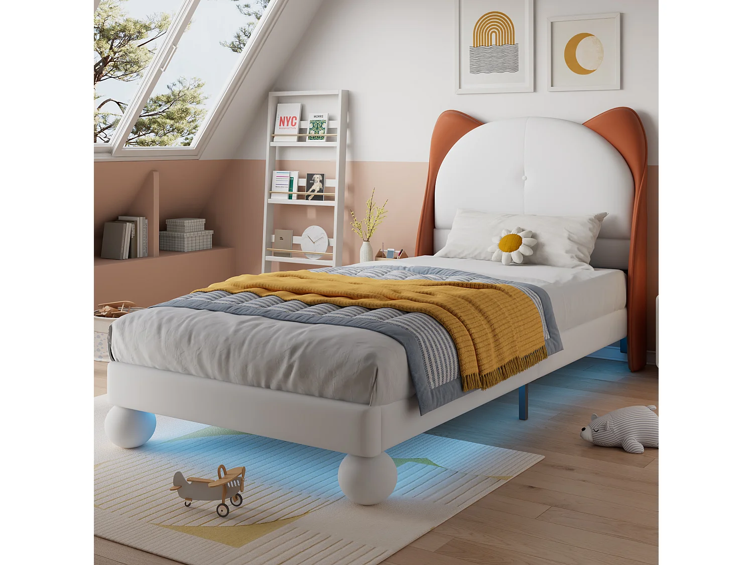 Letto per bambini 90 x 200 cm - Letto singolo con LED e testiera a orecchie di gatto - PU beige - senza materasso