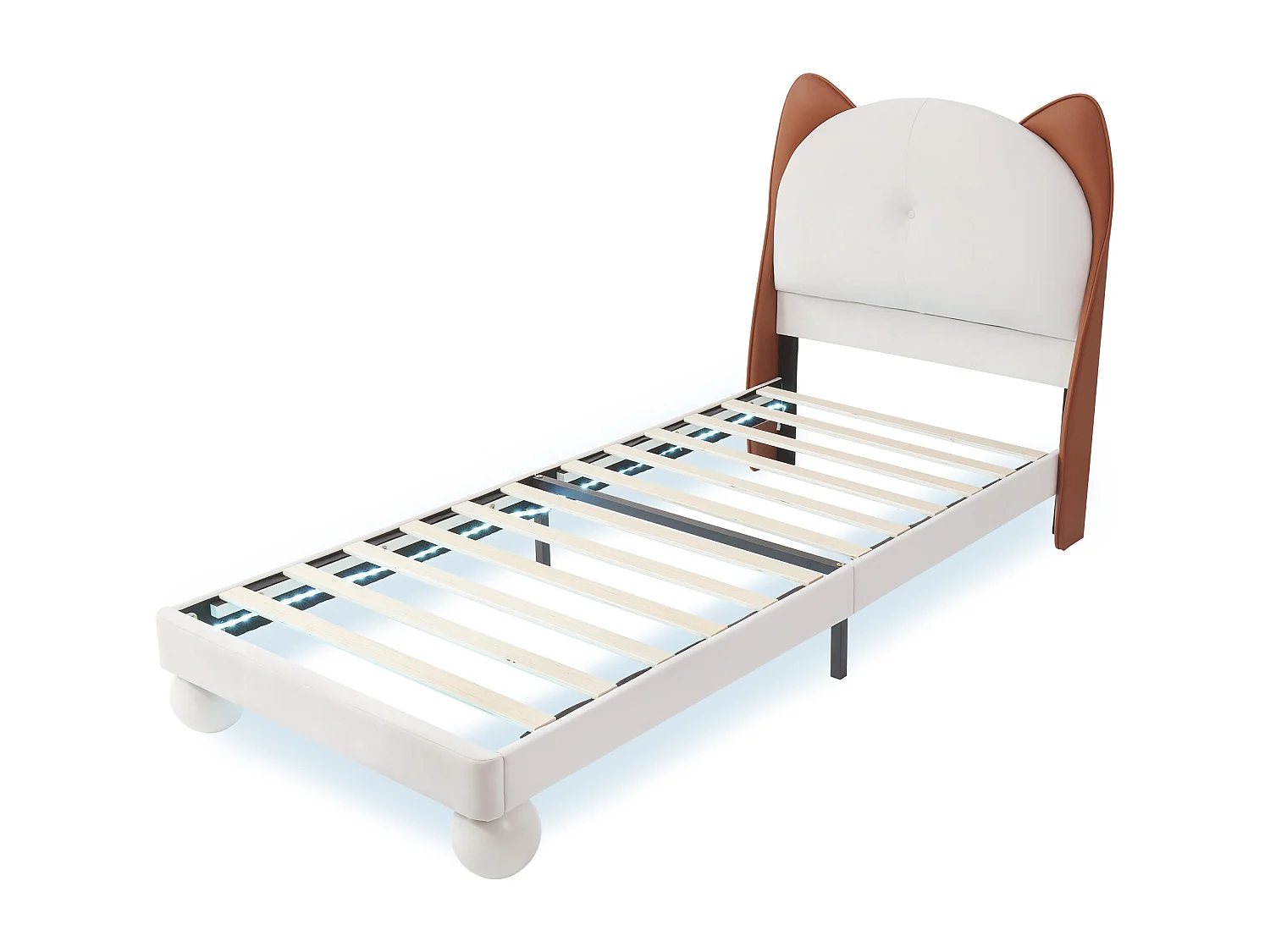 Letto per bambini 90 x 200 cm - Letto singolo con LED e testiera a orecchie di gatto - PU beige - senza materasso