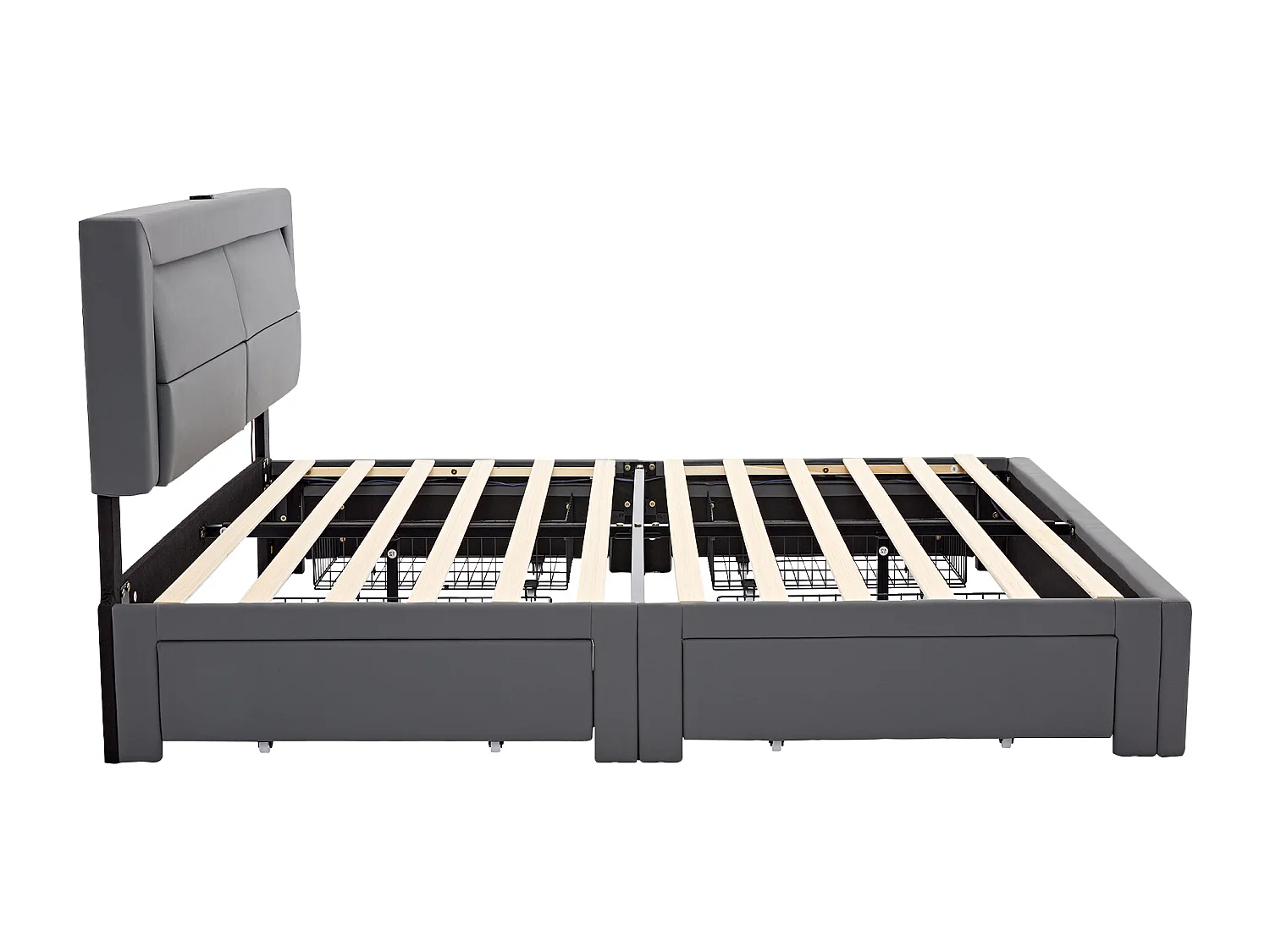 Cama de adulto 140 x 200 cm - Cama de casal com iluminação LED e quatro gavetas - PU cinzento - sem colchão