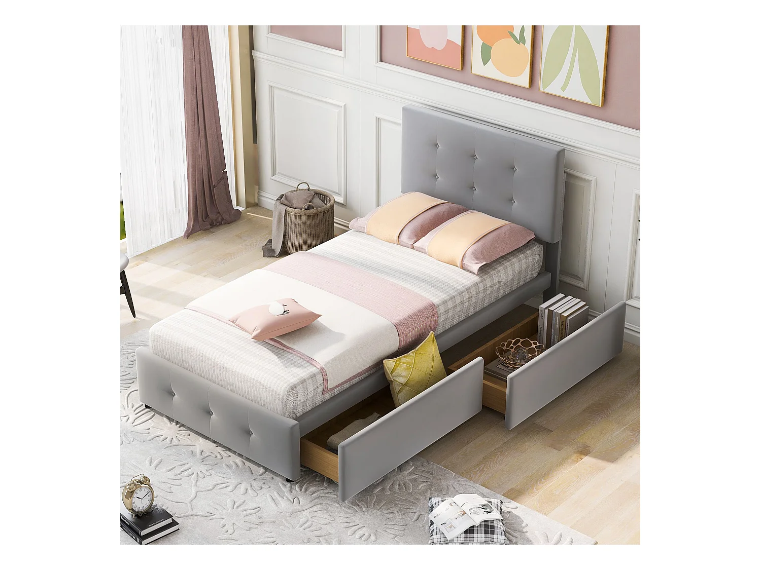 Lit enfant 90 x 200 cm - Lit ado avec 2 tiroirs et dossier - velours gris - sans matelas