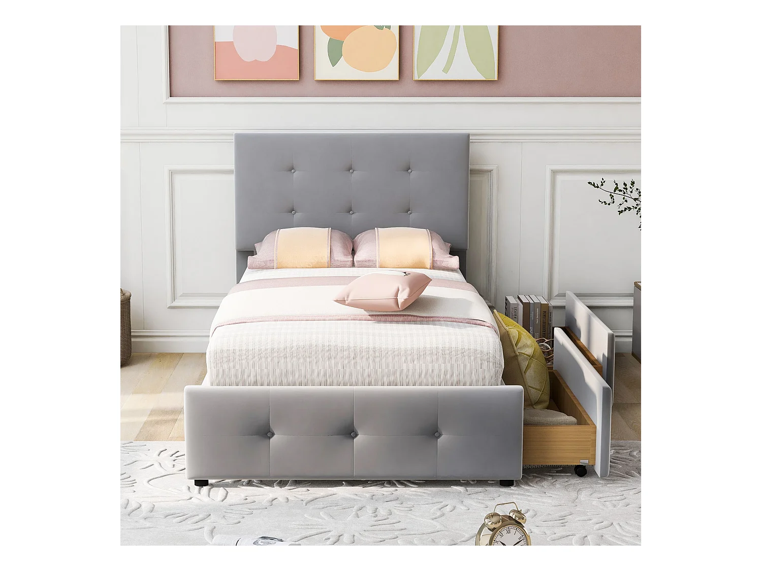 Lit enfant 90 x 200 cm - Lit ado avec 2 tiroirs et dossier - velours gris - sans matelas