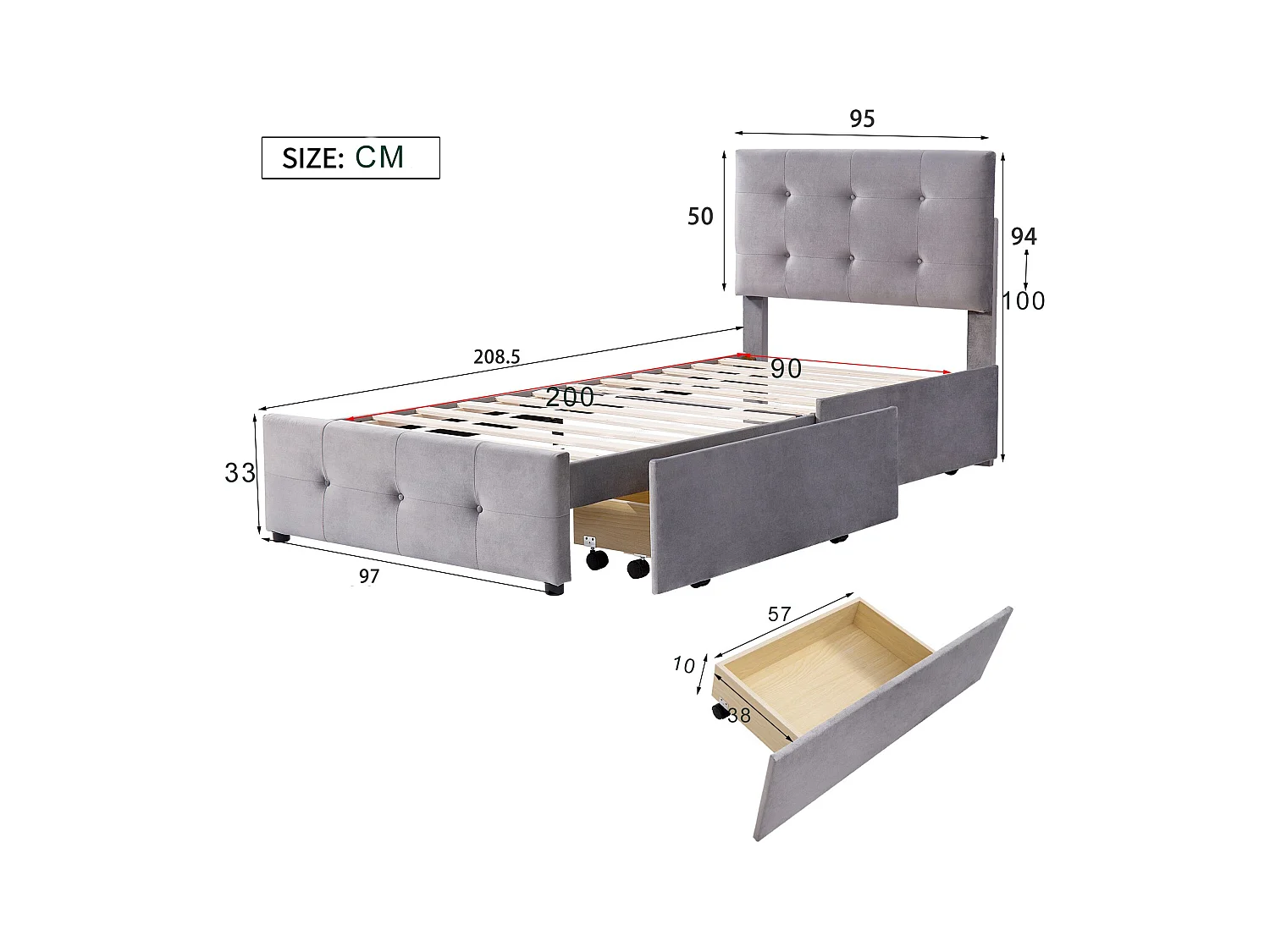 Lit enfant 90 x 200 cm - Lit ado avec 2 tiroirs et dossier - velours gris - sans matelas