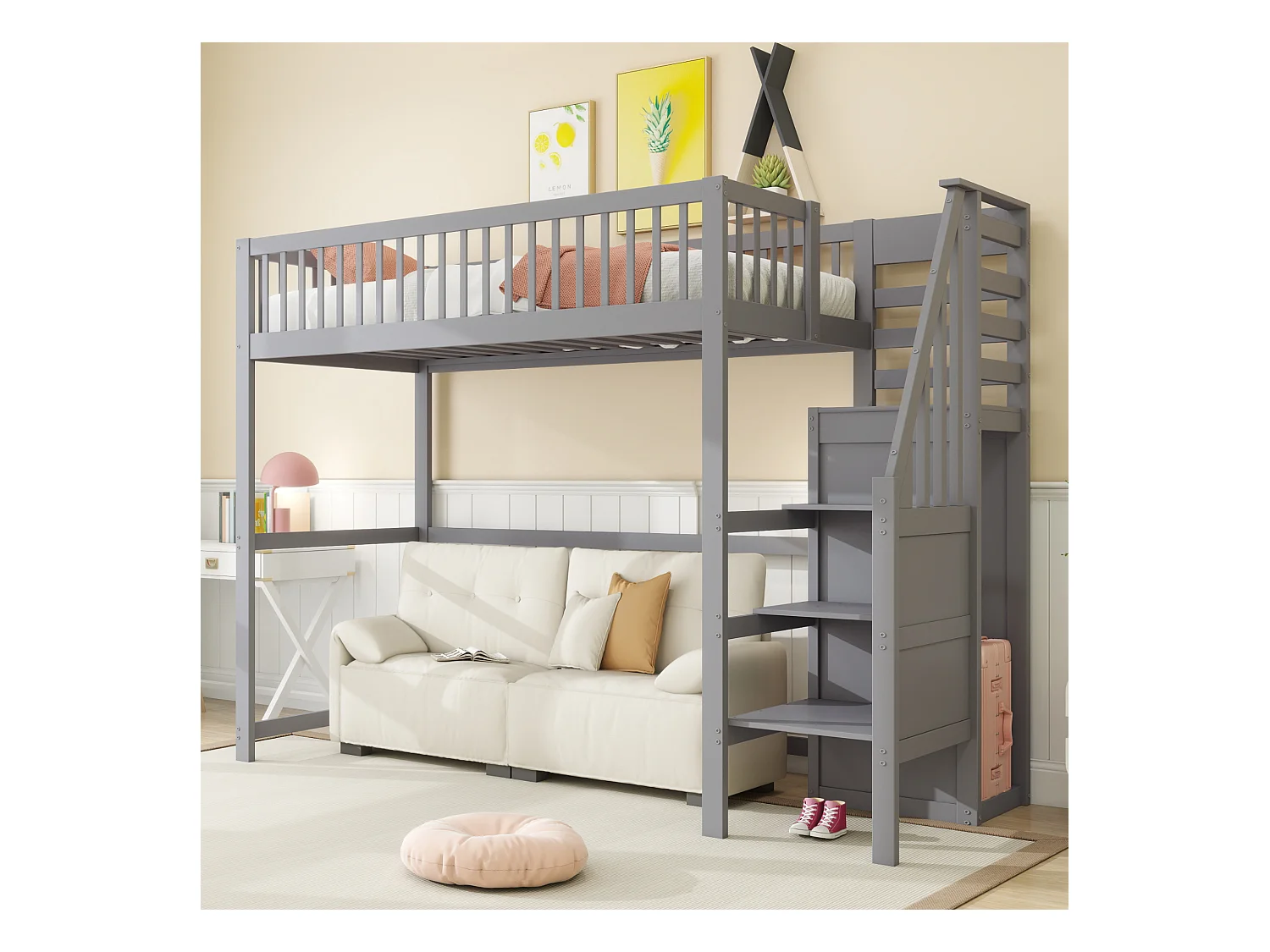Lit mezzanine 90 x 200 cm - Lit enfant avec étagères de rangement et escalier - armoire simple - bois gris - matelas non inclus