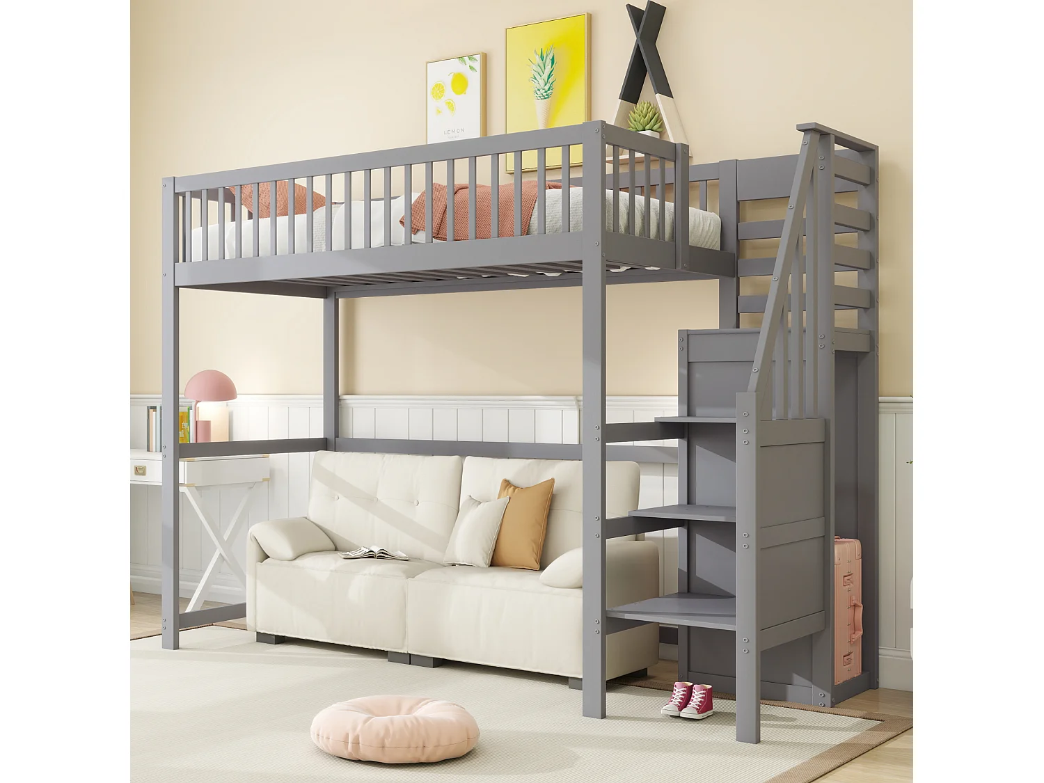 Lit mezzanine 90 x 200 cm - Lit enfant avec étagères de rangement et escalier - armoire simple - bois gris - matelas non inclus