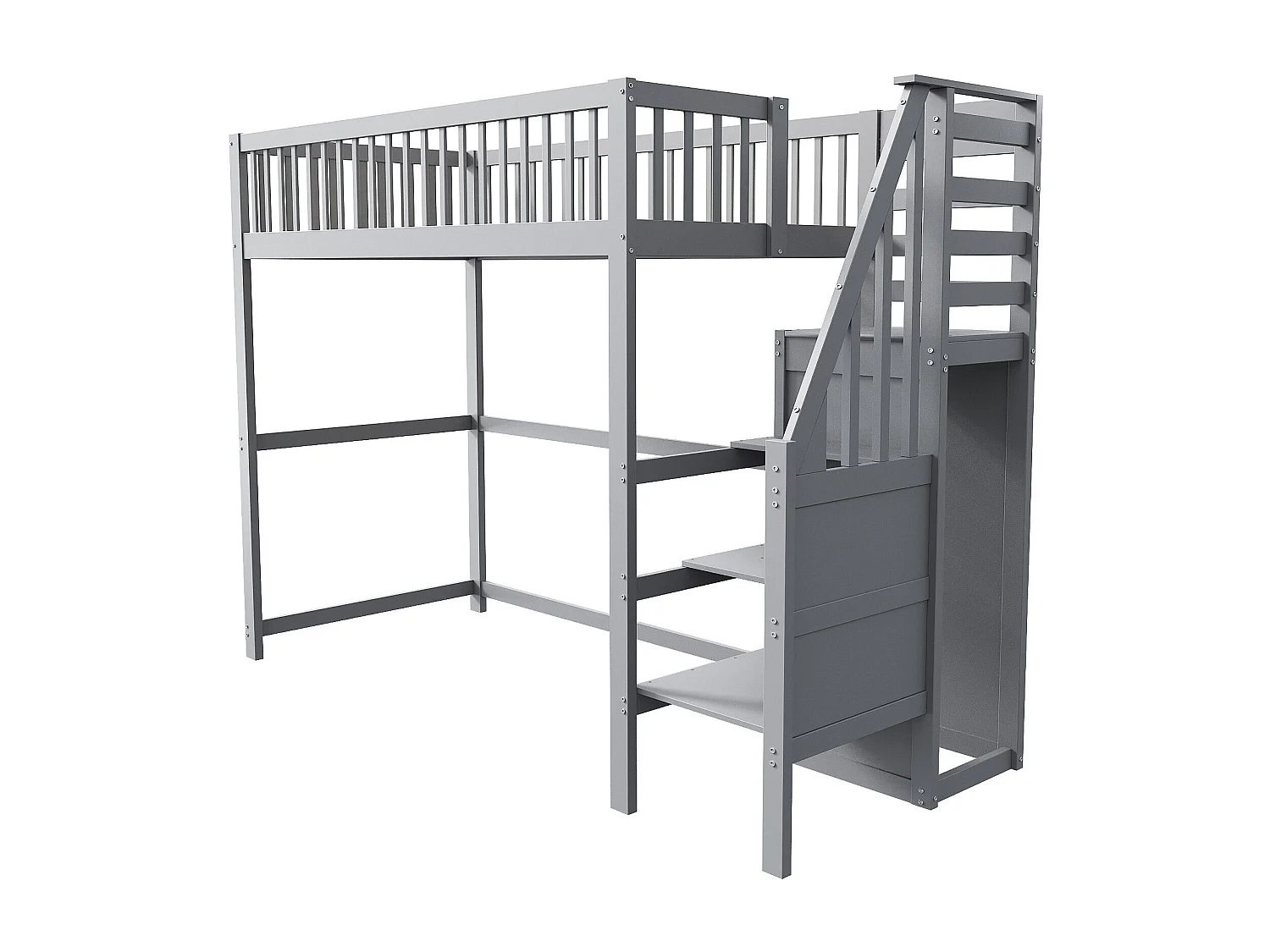 Lit mezzanine 90 x 200 cm - Lit enfant avec étagères de rangement et escalier - armoire simple - bois gris - matelas non inclus
