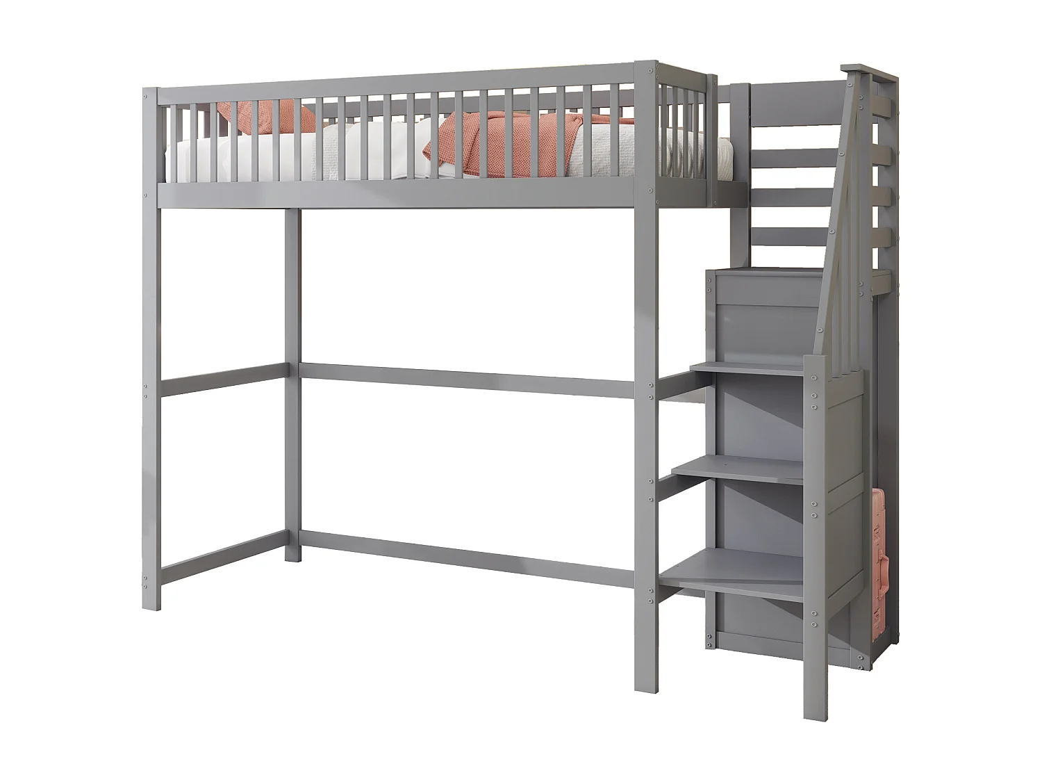 Lit mezzanine 90 x 200 cm - Lit enfant avec étagères de rangement et escalier - armoire simple - bois gris - matelas non inclus