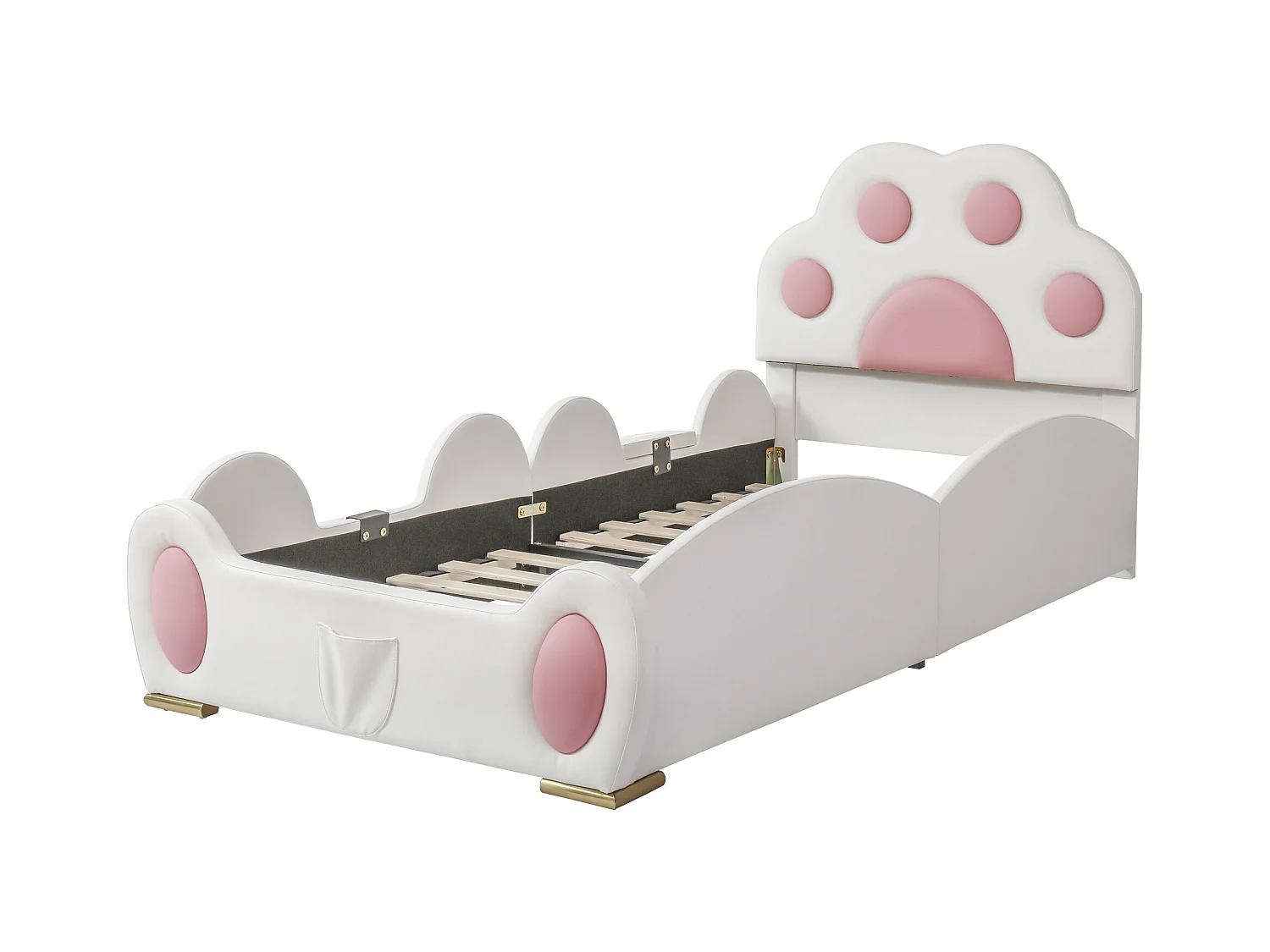 Lit enfant 90 x 200 cm - Lit simple avec toboggan et échelle à deux marches - tête de lit patte de chat - PU beige - sans matelas