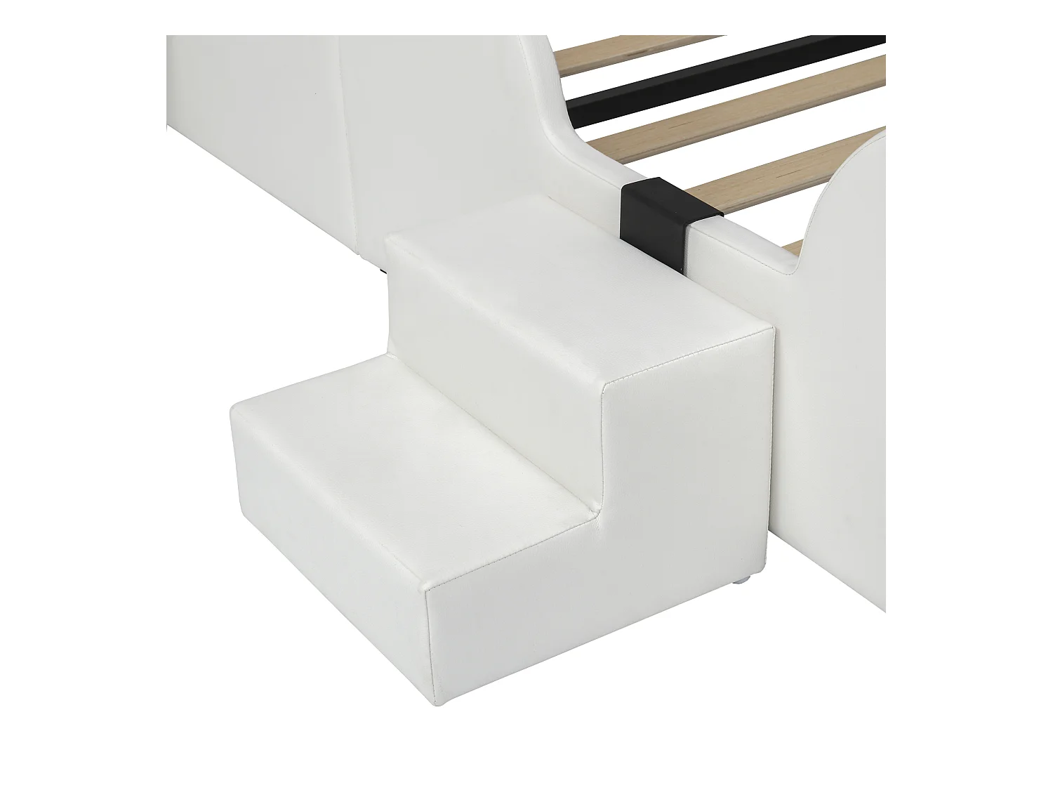 Lit enfant 90 x 200 cm - Lit simple avec toboggan et échelle à deux marches - tête de lit patte de chat - PU beige - sans matelas