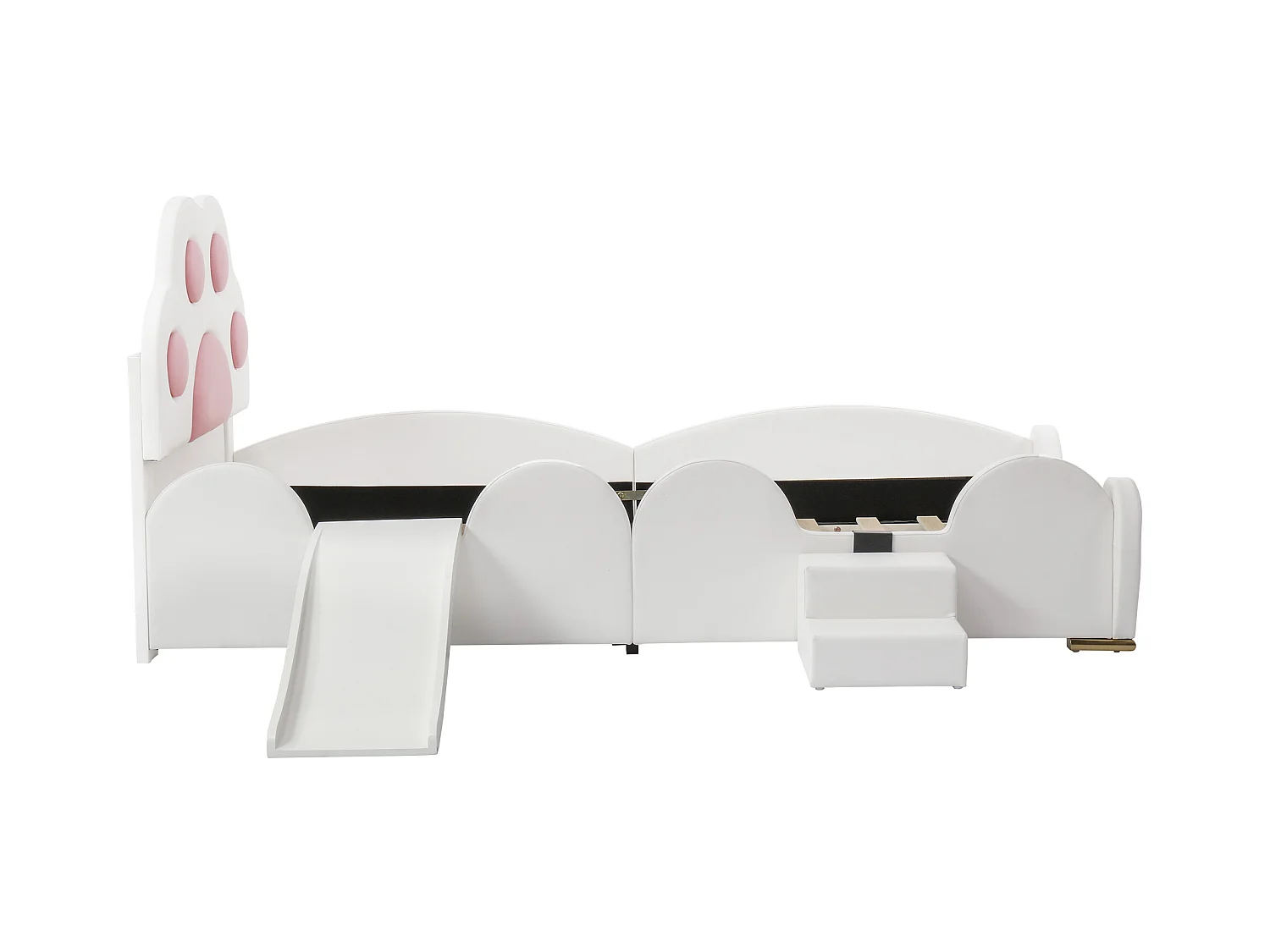 Lit enfant 90 x 200 cm - Lit simple avec toboggan et échelle à deux marches - tête de lit patte de chat - PU beige - sans matelas